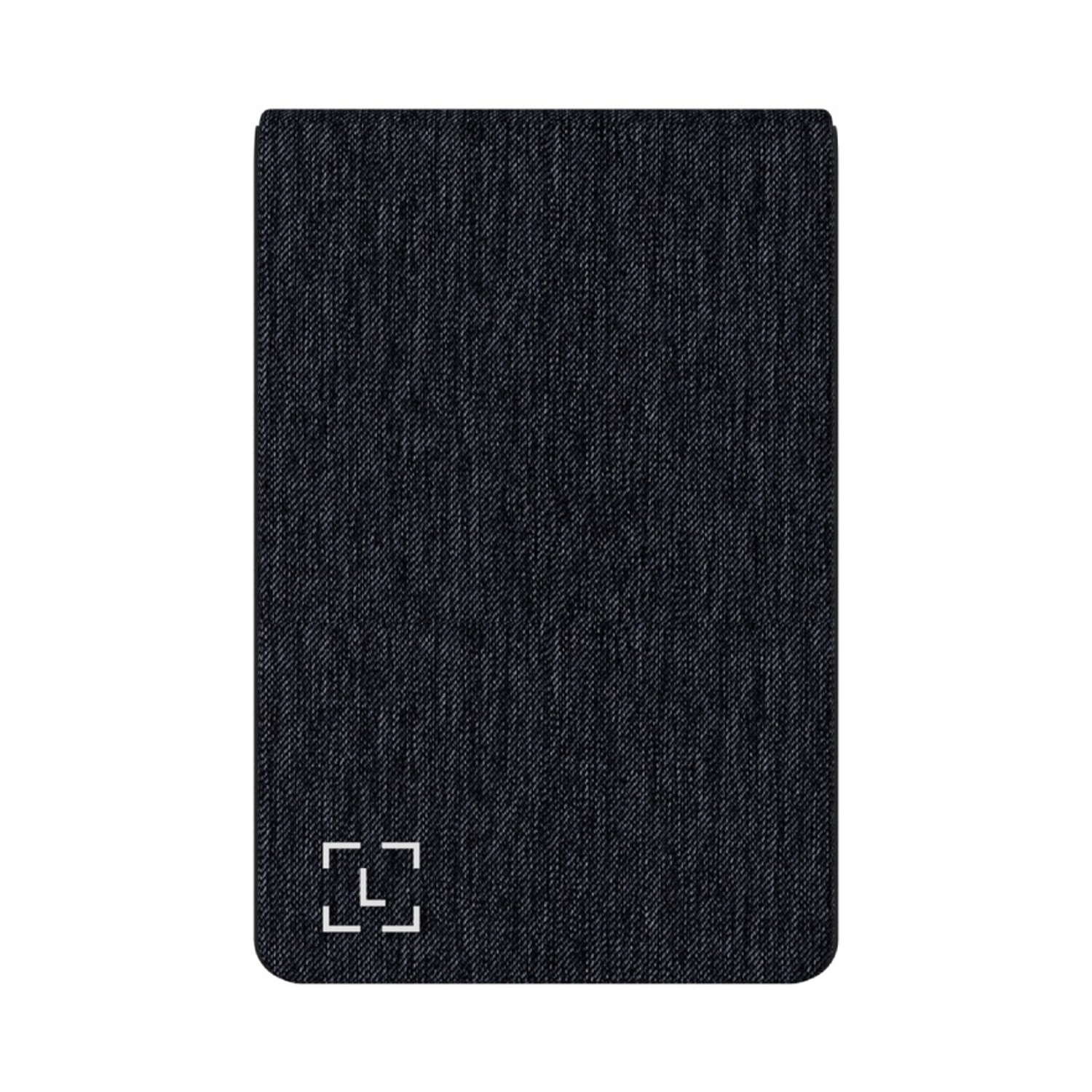 Una texture rettangolare blu scuro, simile al denim. Un logo quadrato bianco è nell'angolo in basso a sinistra. Bordi arrotondati.