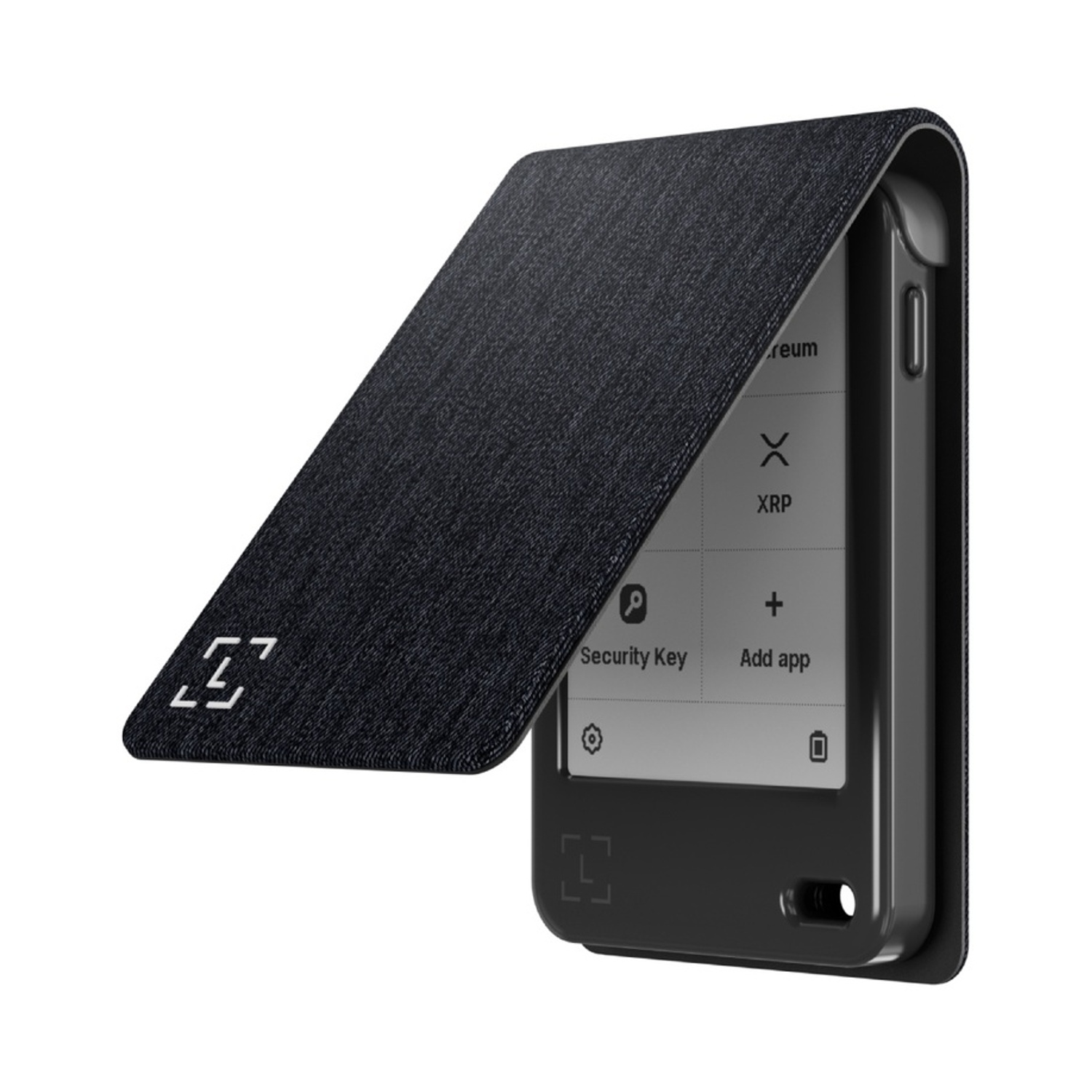 Un portafoglio hardware crittografico nero con una cover aperta. Lo schermo mostra opzioni come XRP e Security Key. La cover ha un logo.