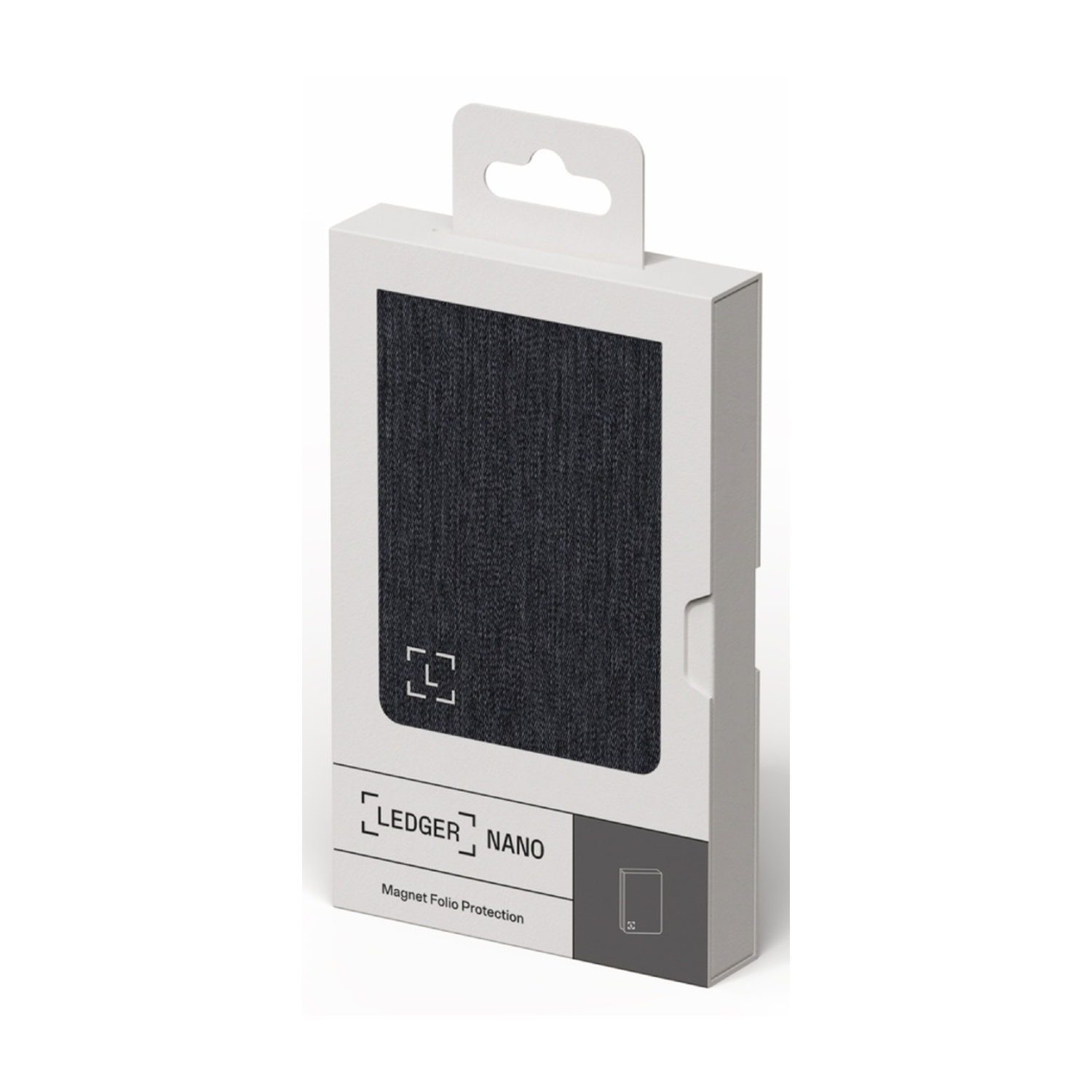 Una scatola Ledger Nano con una custodia folio grigio scuro. Scatola bianca con il logo Ledger Nano e la descrizione del prodotto.