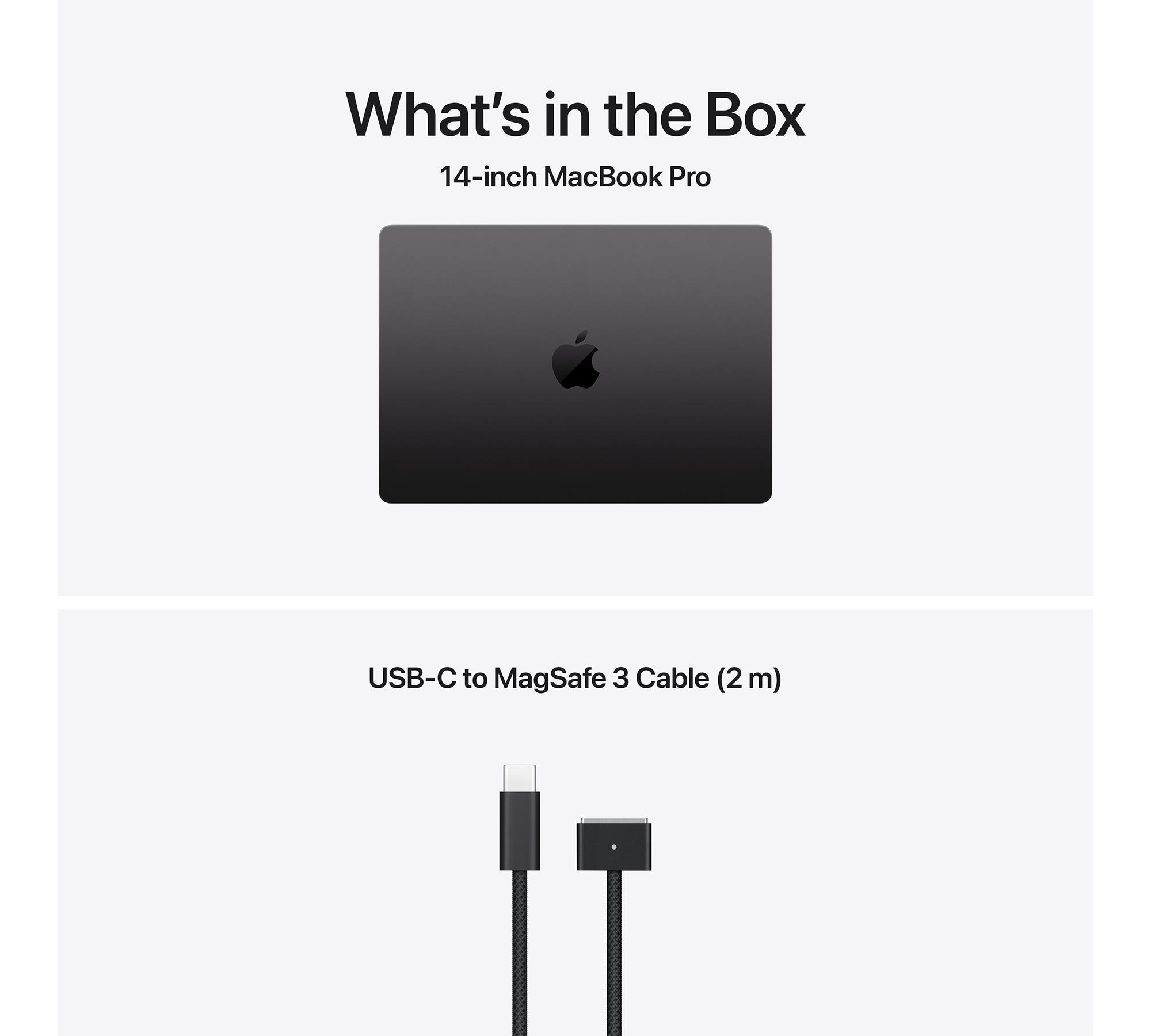 A képen egy 14 hüvelykes MacBook Pro és egy USB-C-MagSafe 3 kábel látható. A laptop sötétszürke, a kábel fekete.
