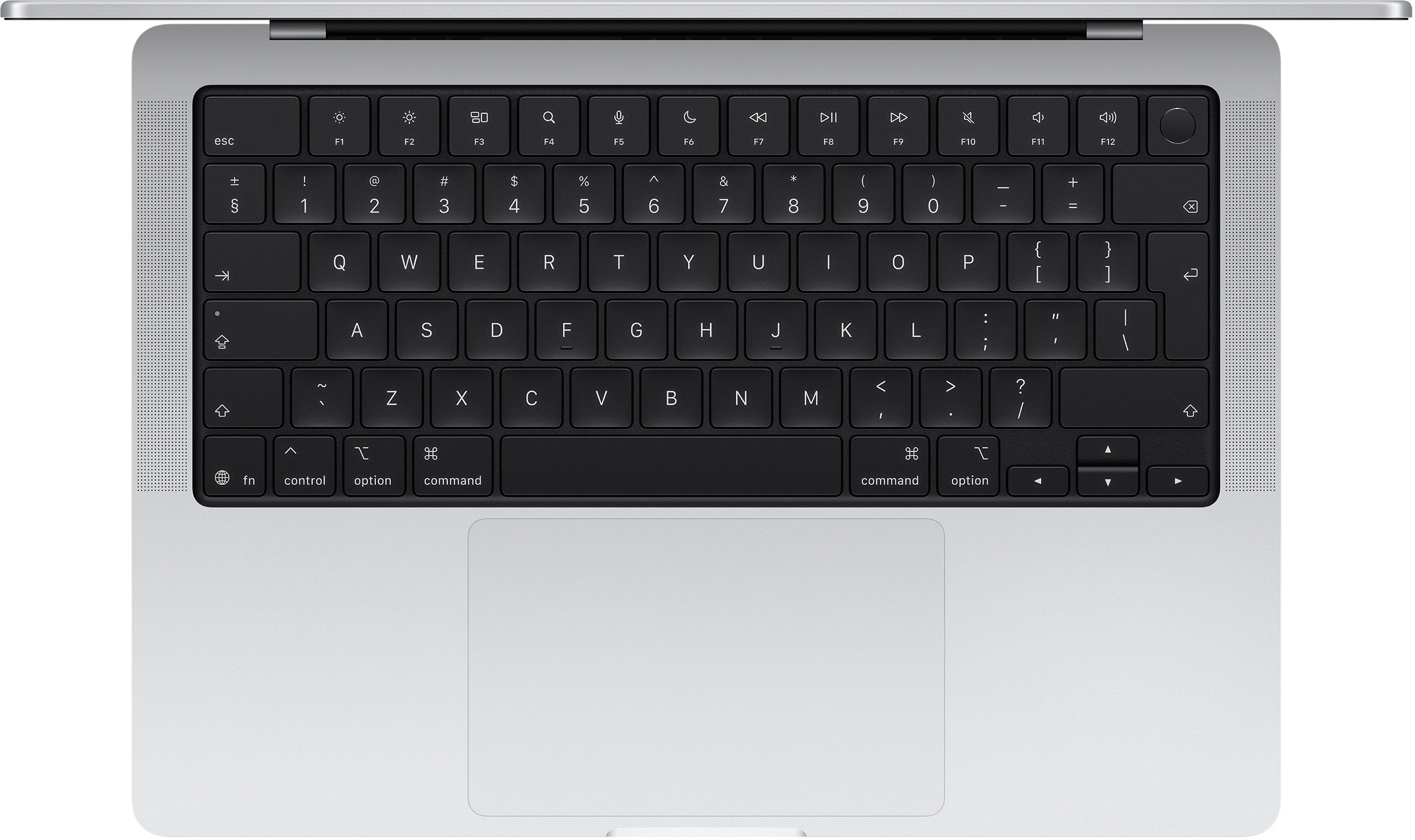 Laptop billentyűzet felülnézetből. Fekete billentyűk fehér betűkkel. Ezüst keret és trackpad.