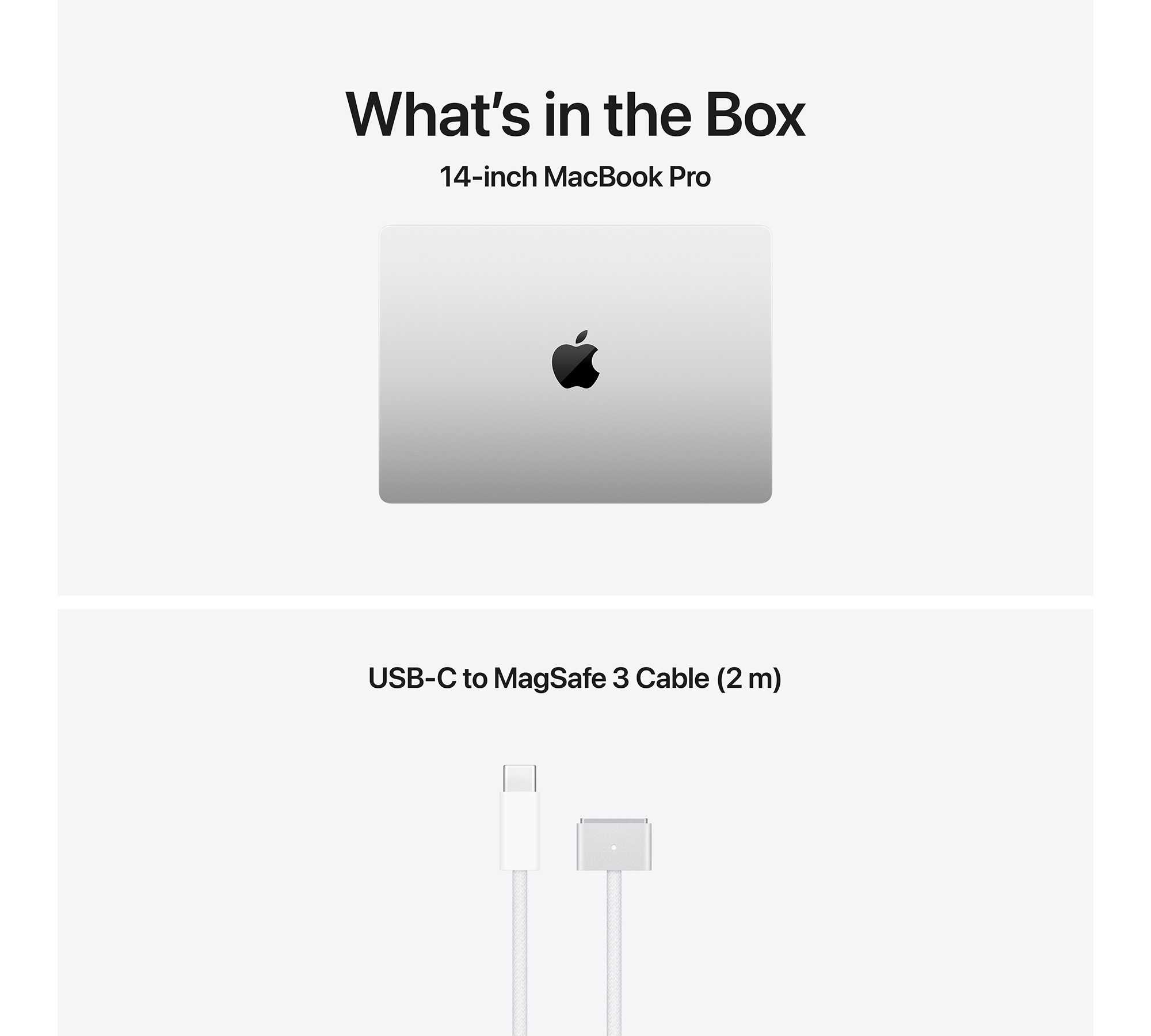 A képen egy 14 hüvelykes MacBook Pro és egy USB-C–MagSafe 3 kábel látható fehér háttér előtt.