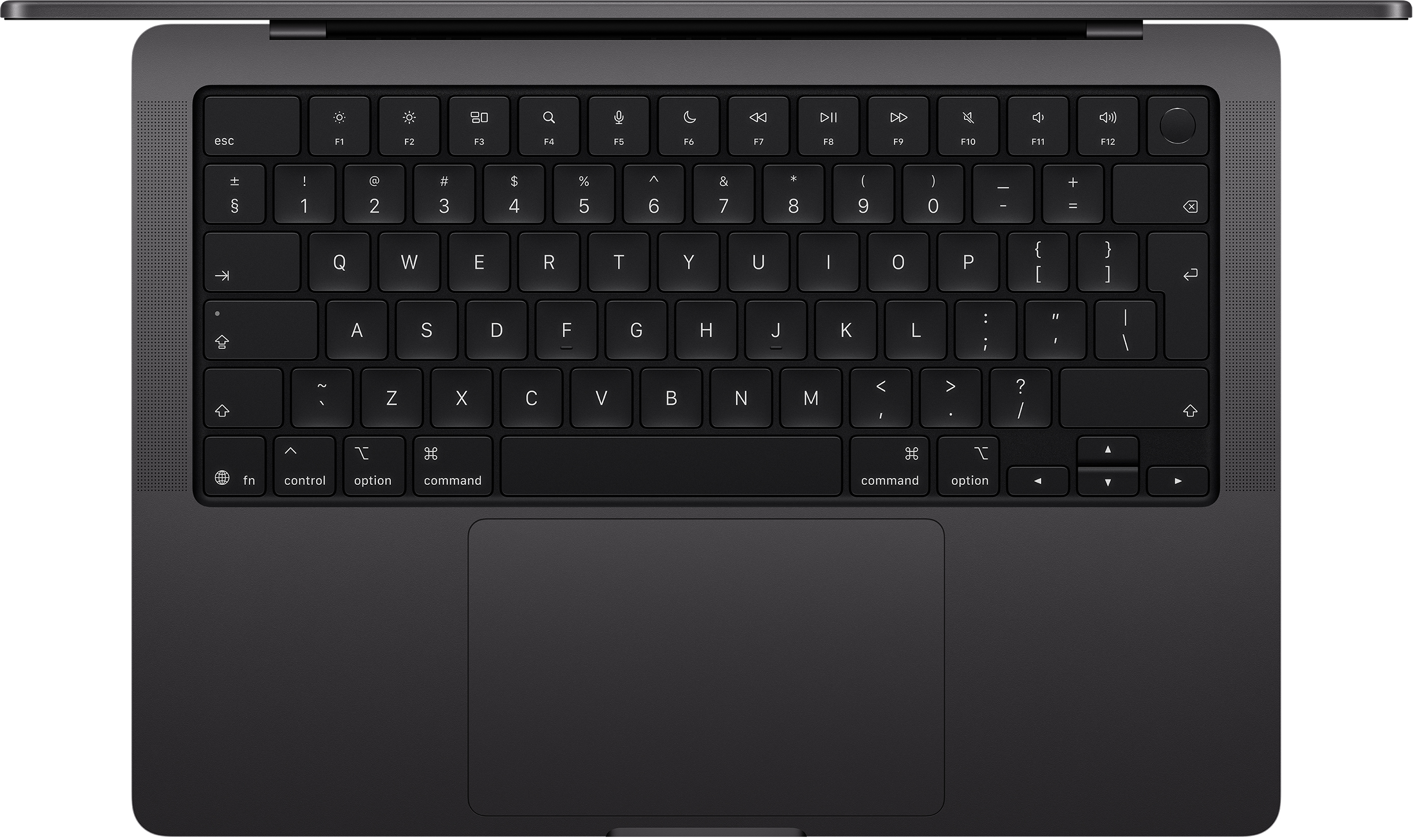 Felülnézet egy fekete laptop billentyűzetéről, gombokkal és egy érintőpaddal. A laptop nyitva van.