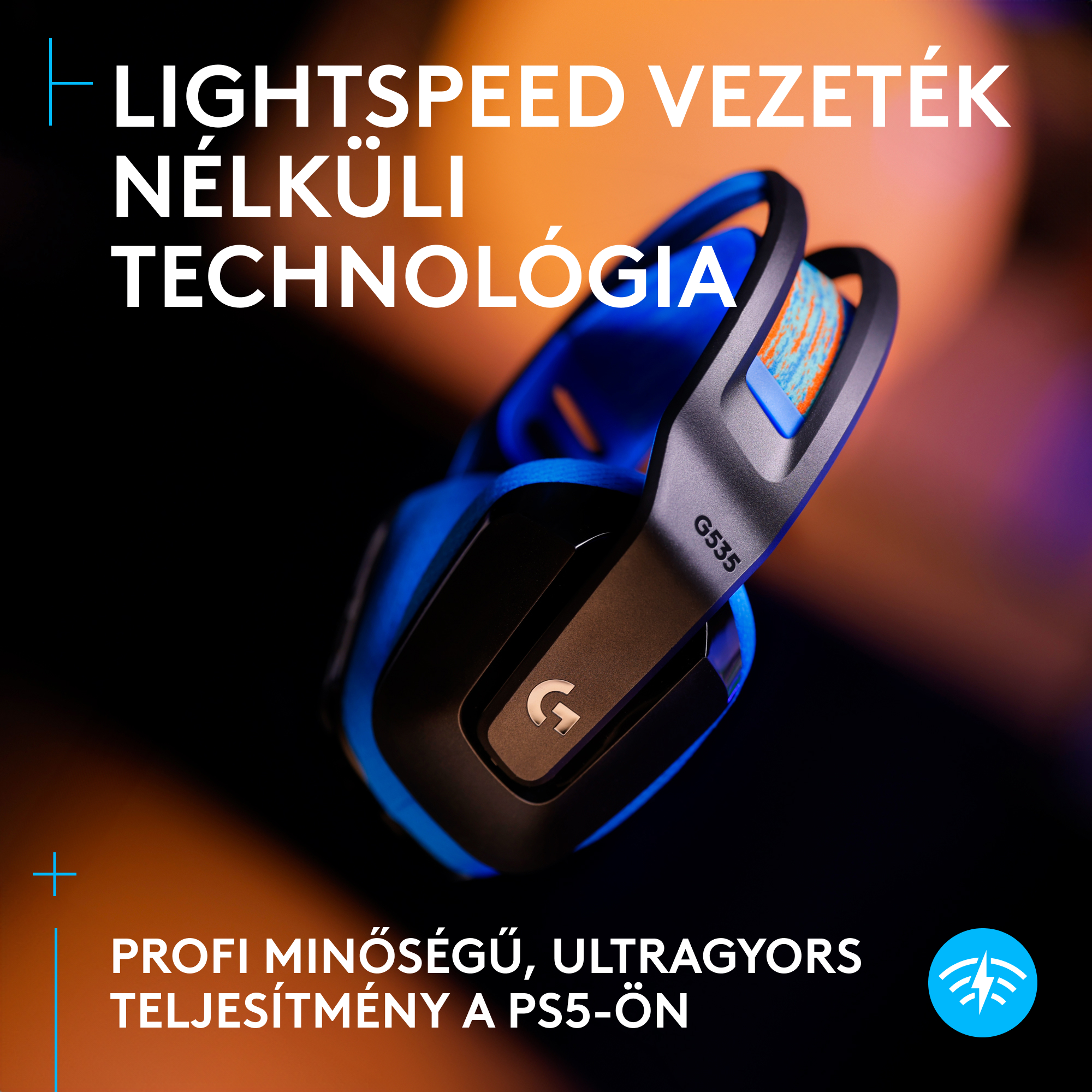 Kék-fekete gamer fejhallgató fehér szöveggel: Lightspeed vezeték nélküli technológia. Profi minőségű teljesítmény.