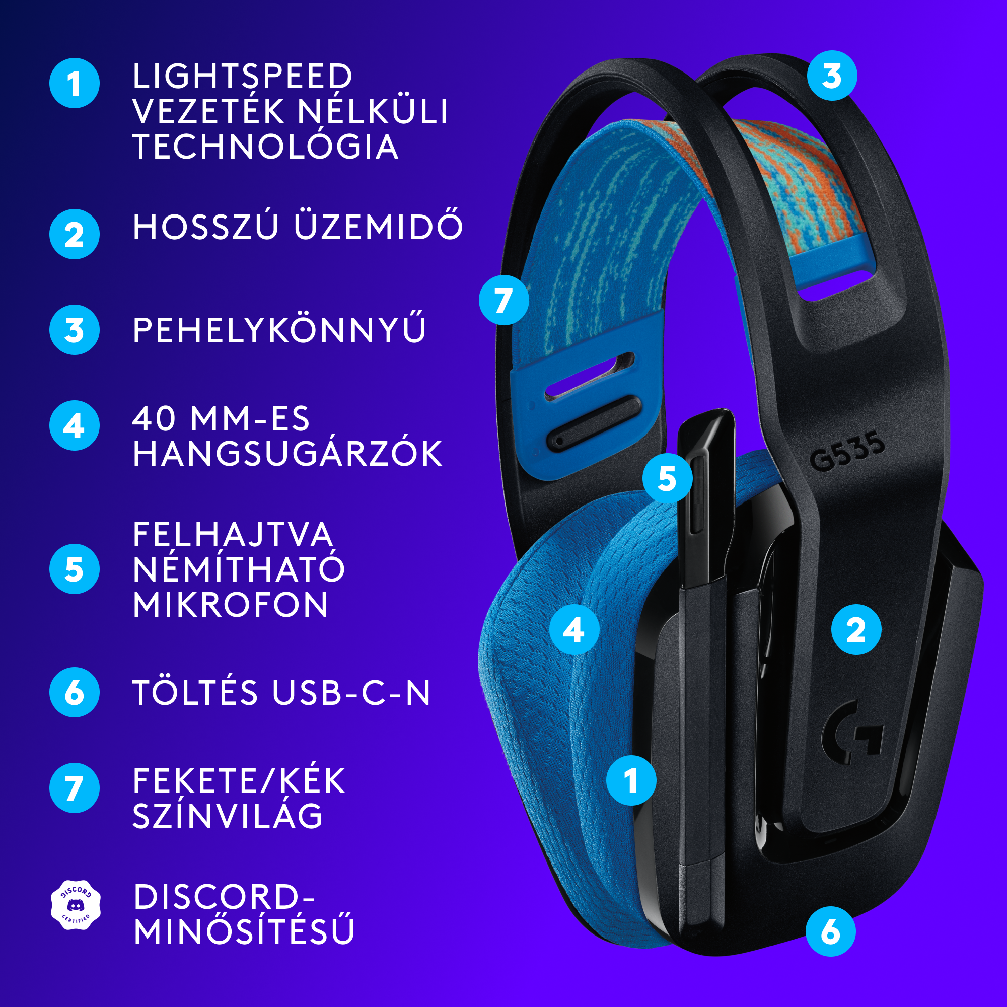 Fekete és kék G535 fejhallgató. Jellemzői: vezeték nélküli technológia, hosszú akkumulátor-üzemidő és 40 mm-es meghajtók.