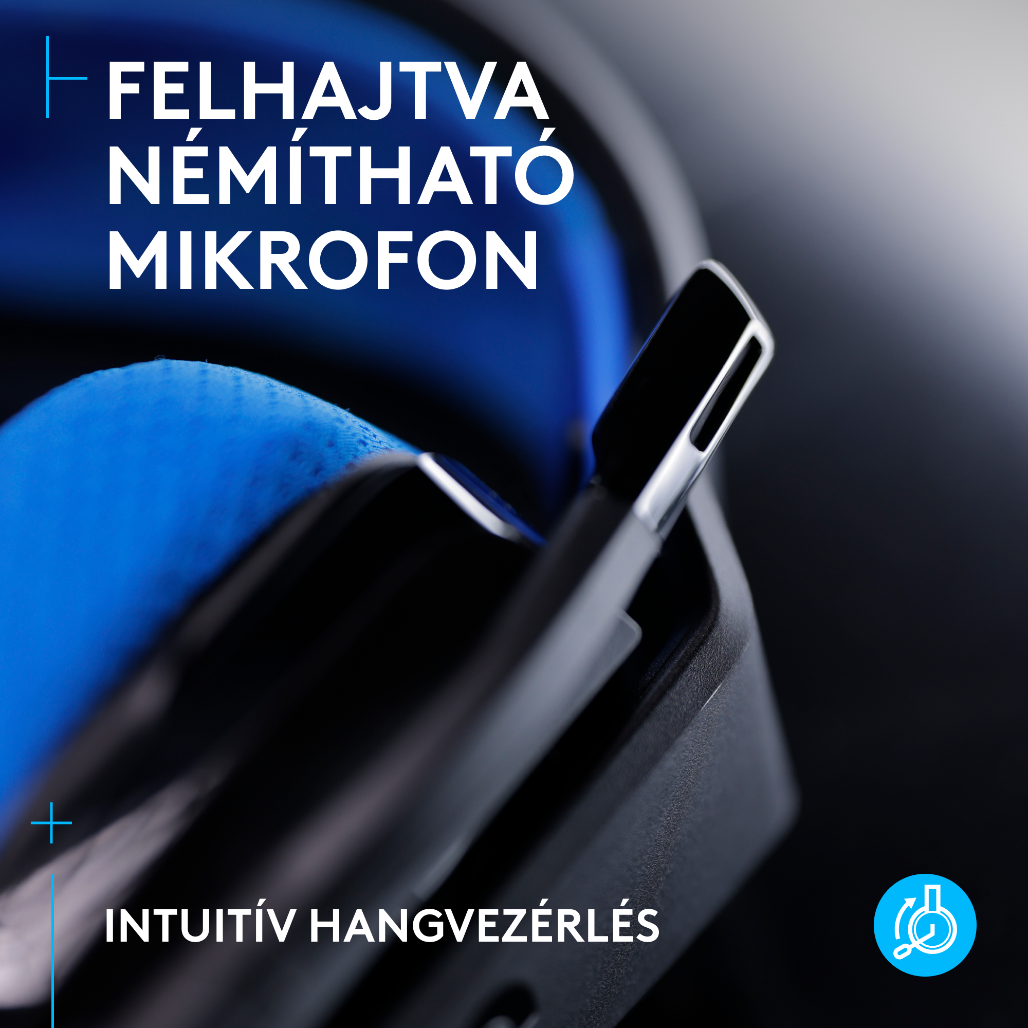 Egy fekete fejhallgató közelképe kék kiemeléssel. A szöveg azt mondja: 'Némító mikrofon'. Intuitív hangvezérlés.