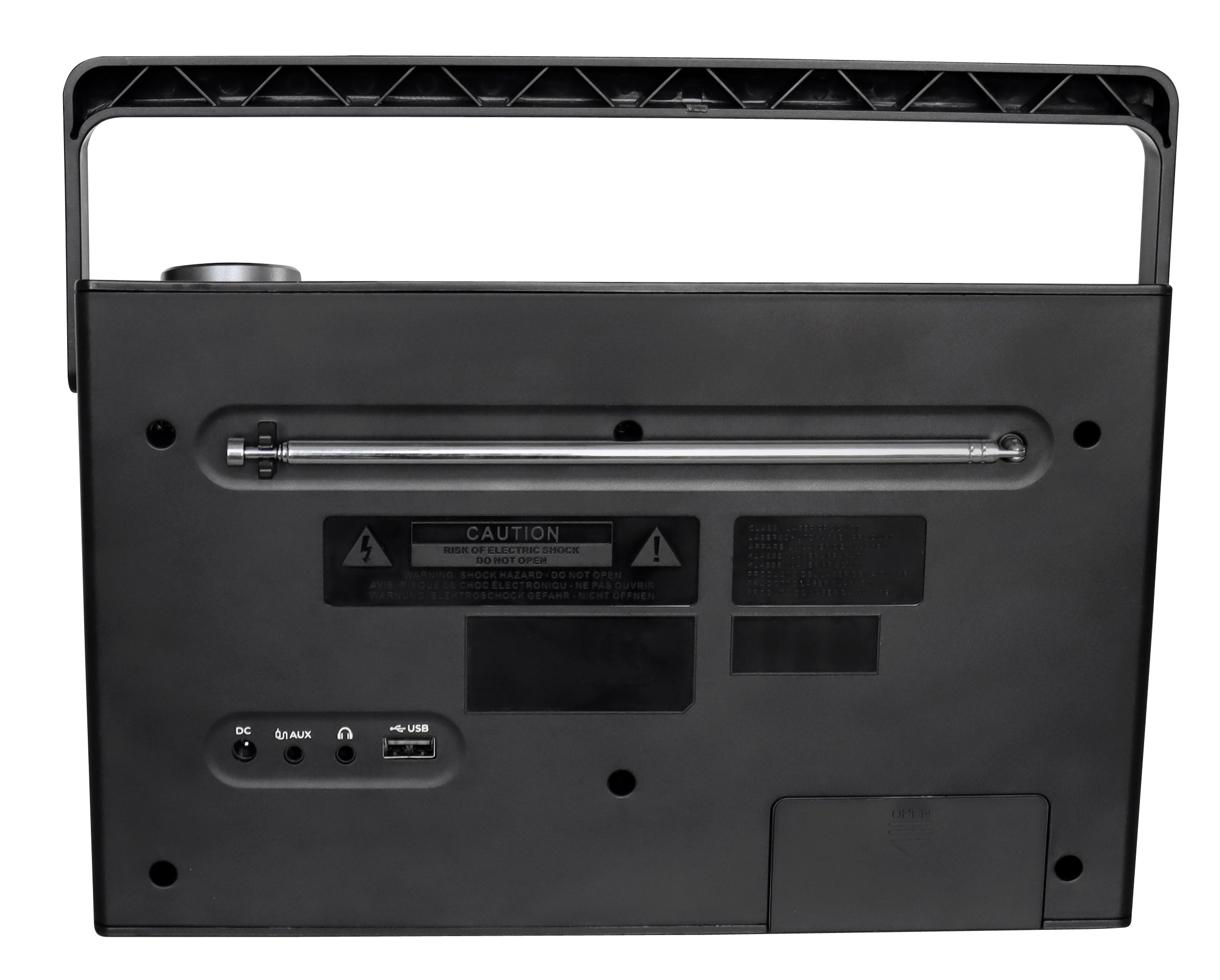 Schwarzes Radio mit Griff. Merkmale: Knöpfe, Antenne und Vorsichtsetikett. Enthält DC-, AUX-, USB-Anschlüsse und ein Batteriefach.