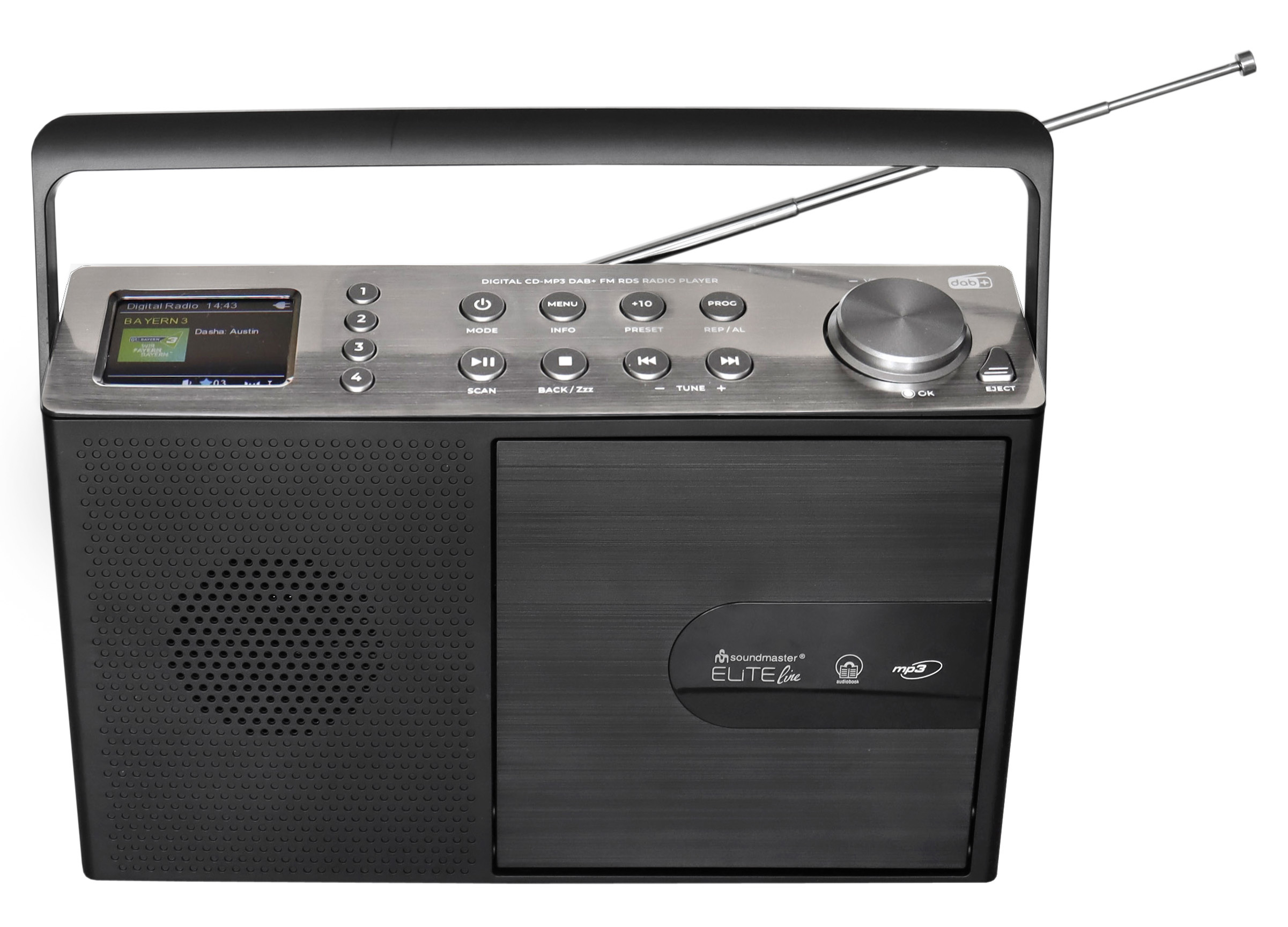Ein schwarz-silbernes Radio mit Digitalanzeige, Knöpfen und Antenne.