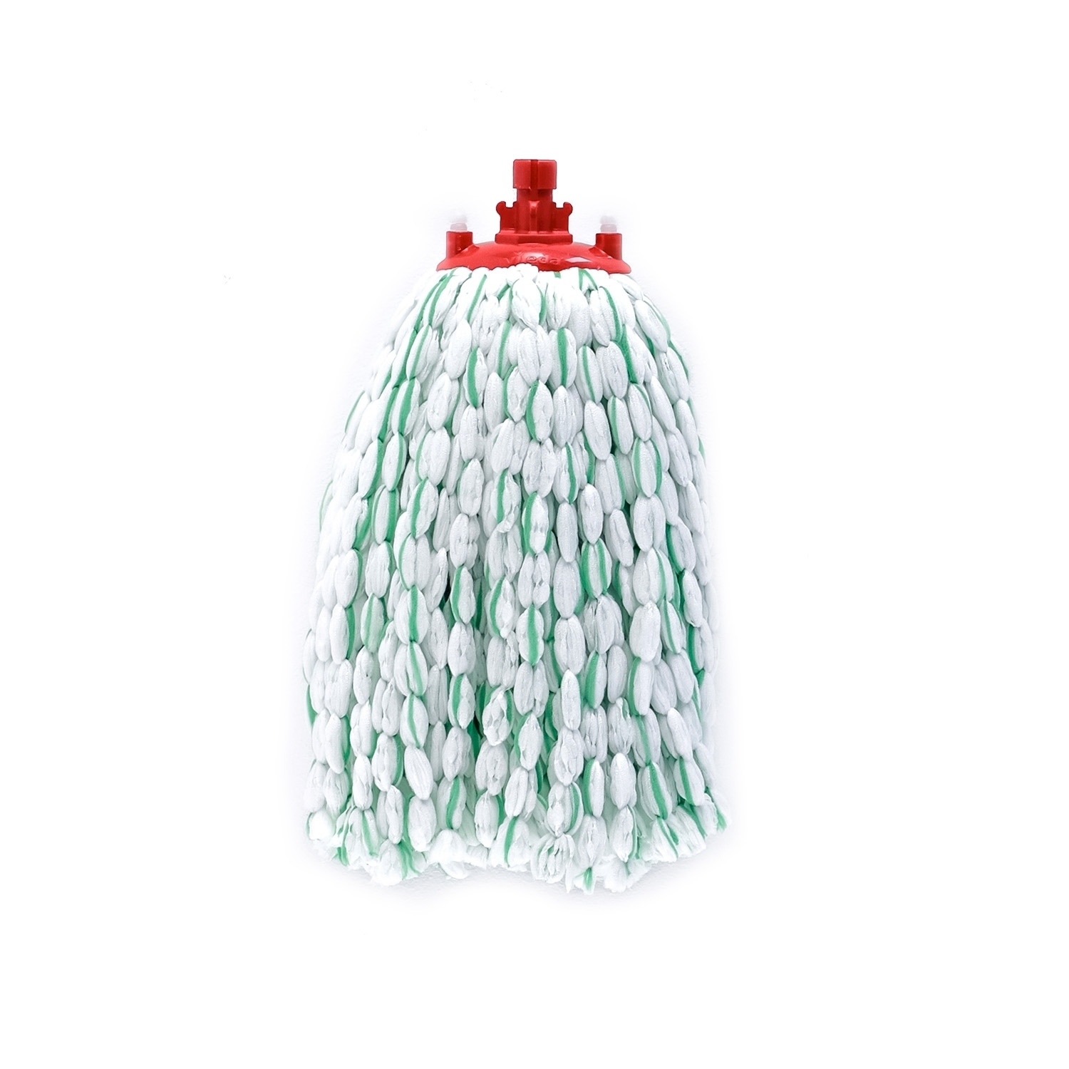 Una testa di mop bianca e verde con la parte superiore rossa, su sfondo bianco. Il mop ha una forma arrotondata, con un design pulito.