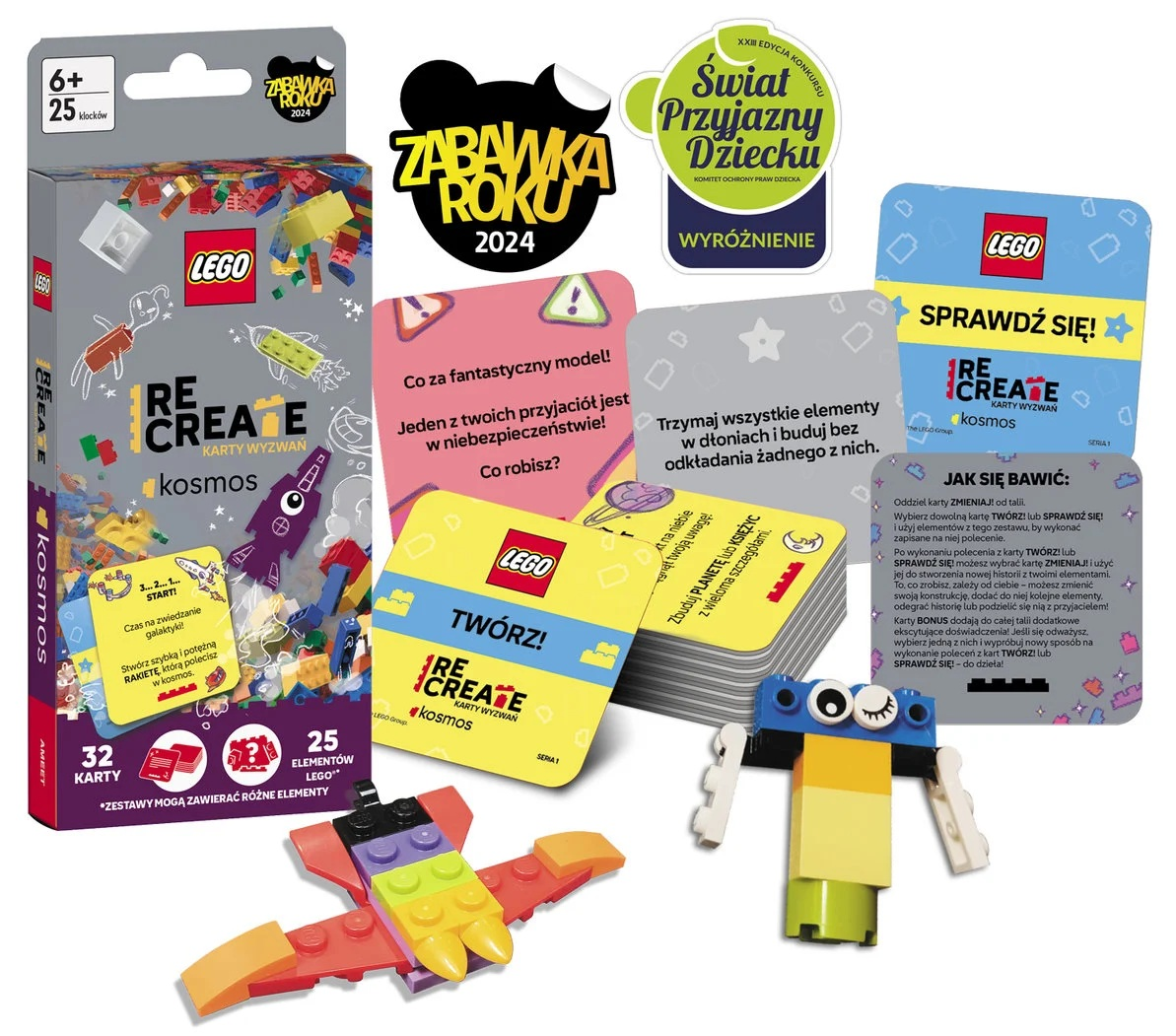 Pudełko Lego z kartami, modelami zabawek i nagrodami. Pudełko jest oznaczone 'Recreate kosmos'.
