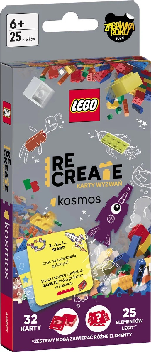 Pudełko Lego Recreate Kosmos z klockami, rakietą i rysunkami obcych. Zawiera logo Lego i 'zabawka roku 2024'.