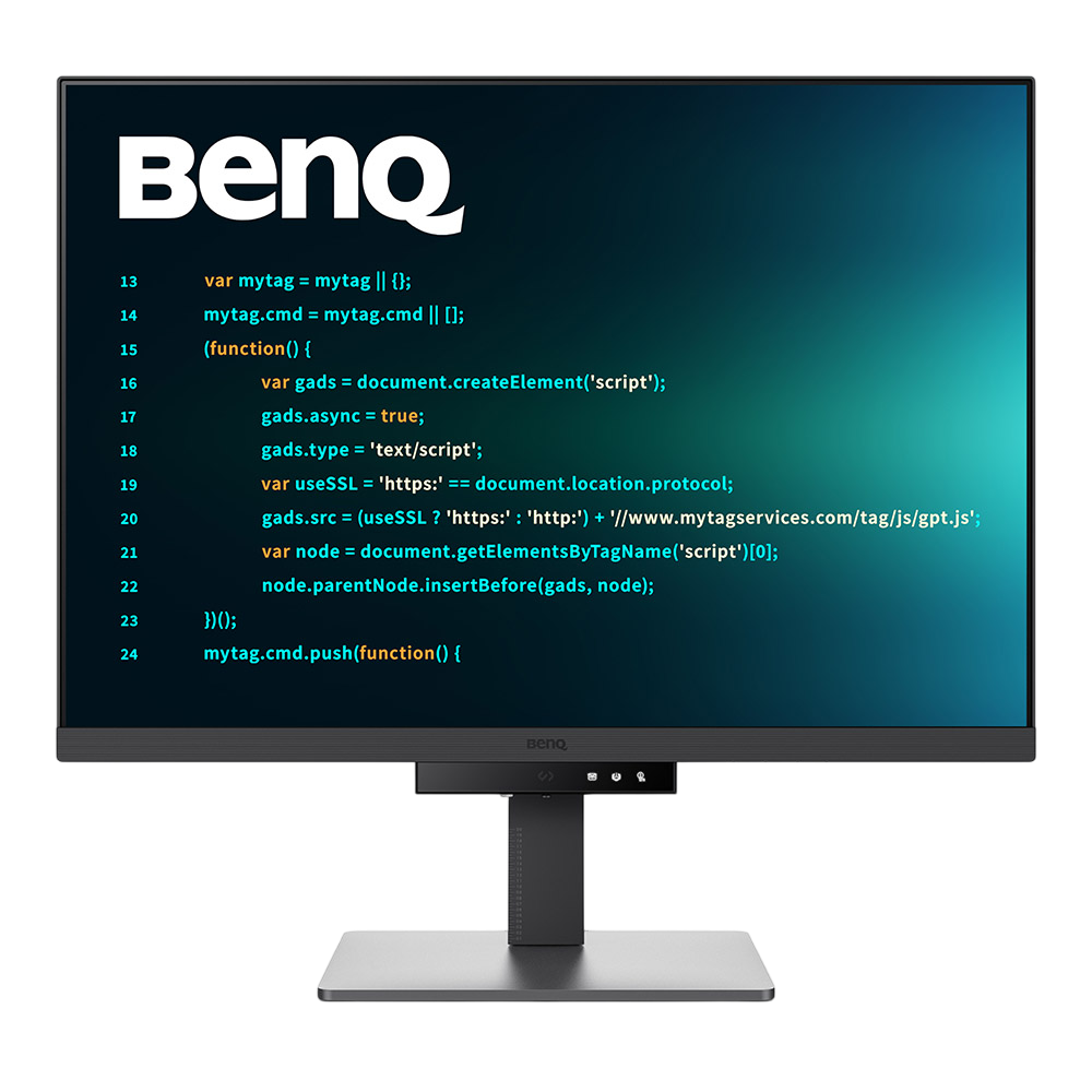 Bir BenQ monitörü, mavi-yeşil gradyan arka plan üzerinde kod görüntülüyor. Monitör siyah bir yüzeyde duruyor.