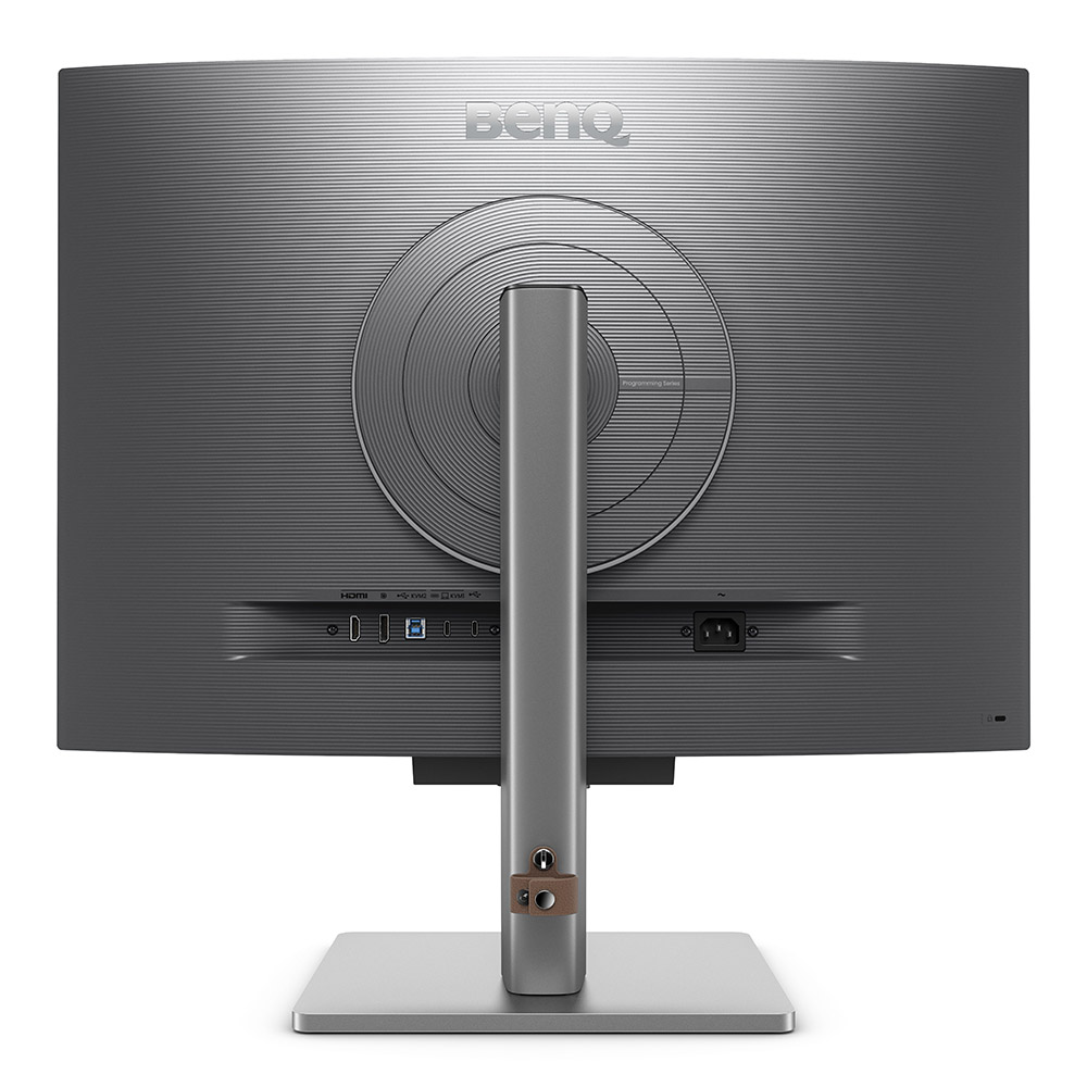 Bir BenQ monitörün arkası gösteriliyor. HDMI, USB ve güç bağlantı noktalarıyla gri. Stand da gri.