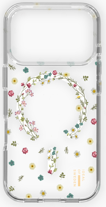 Transparente Handyhülle mit floralem Design. Ein Kranz aus Blumen und verstreute Blumen in Rosa, Weiß, Gelb und Blau.