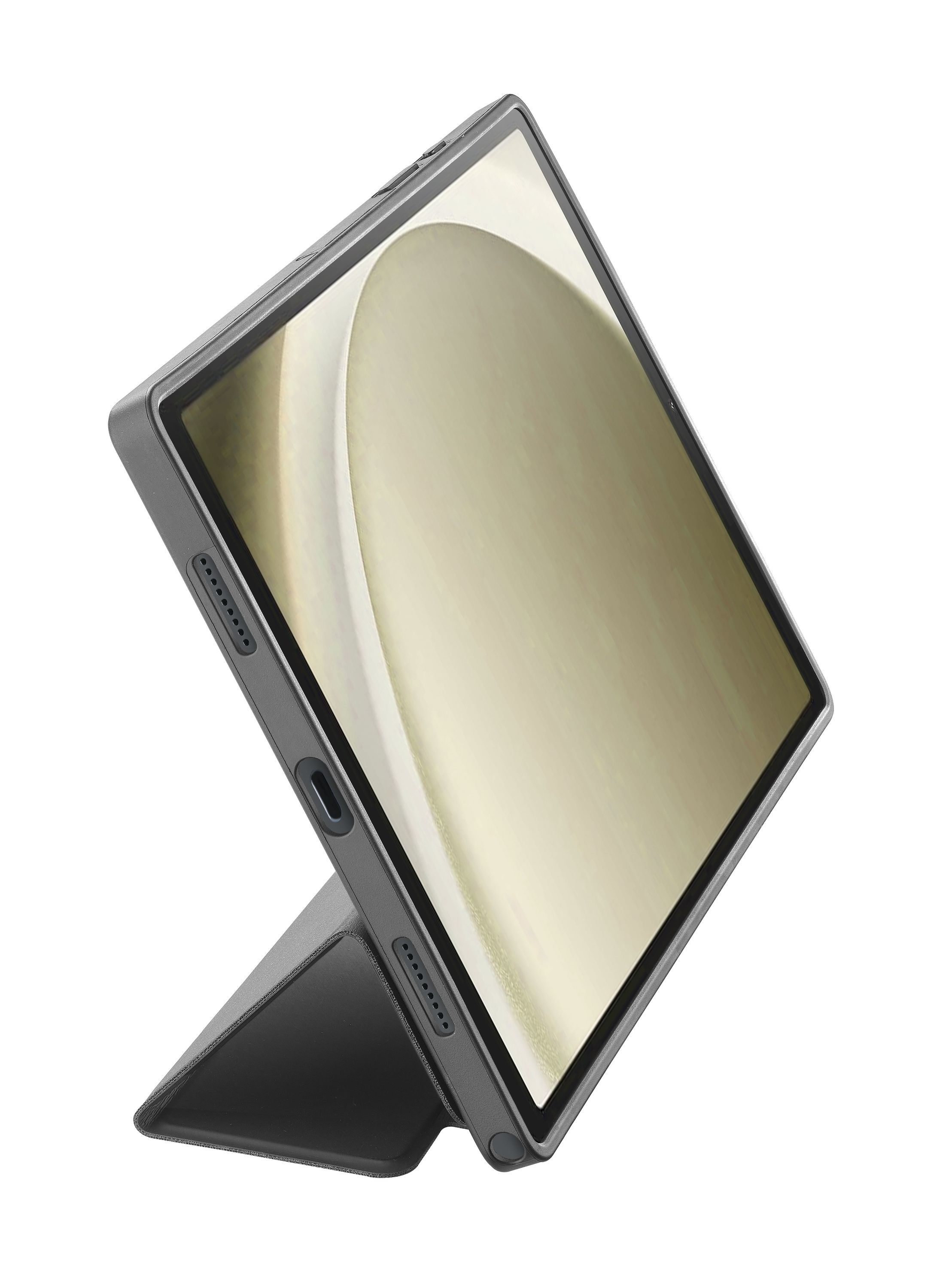 Gri kılıf içinde tablet, açılı. Ekran bej bir tasarım gösteriyor. Kılıf açık, üçgen tabanlı.