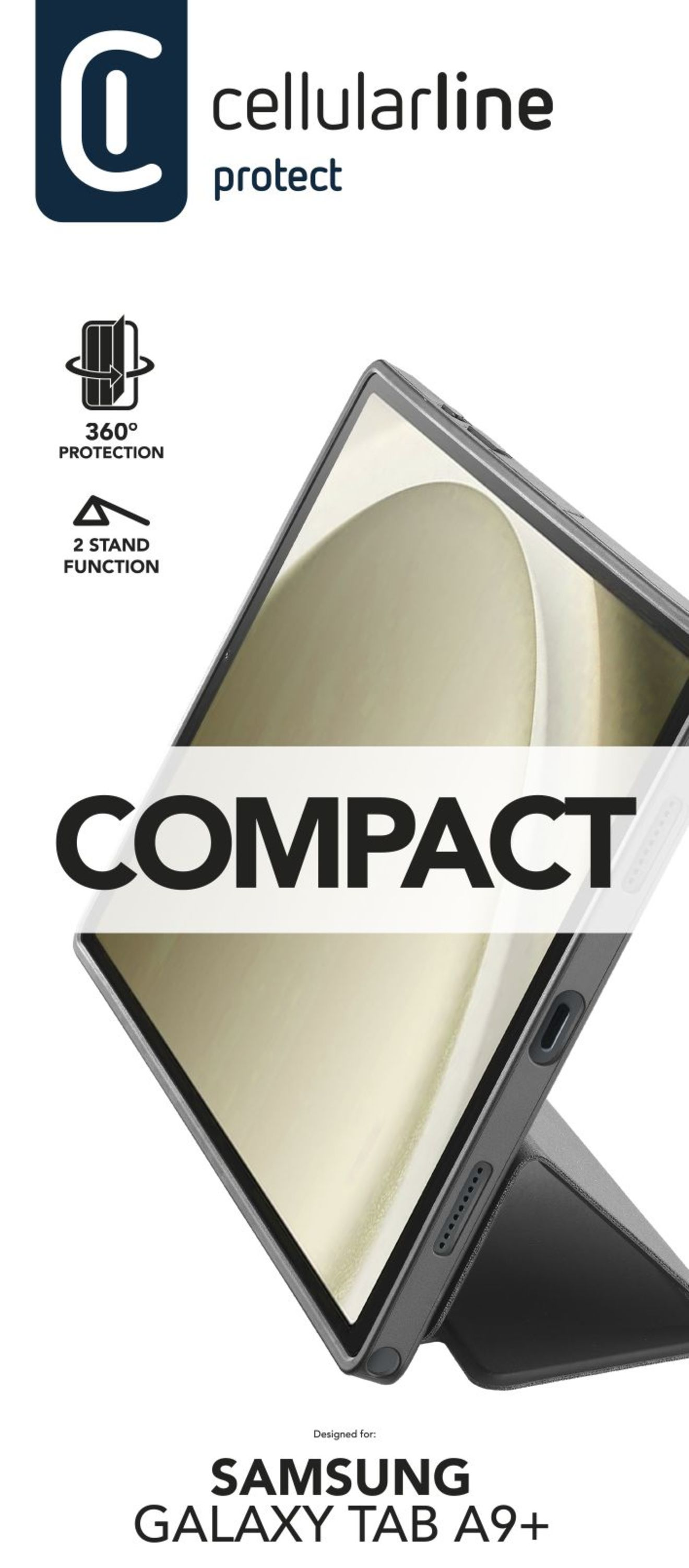 Görselde içinde tablet bulunan bir tablet kılıfı görülüyor. Metin 'COMPACT' ve 'SAMSUNG GALAXY TAB A9+' şeklinde. Cellularline protect logosu görünür.