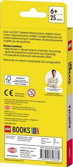Żółte pudełko LEGO z tekstem i obrazkami. Ma oznaczenie wiekowe '6+' i zawiera 25 klocków. Szczegóły obejmują instrukcje i zdjęcie mężczyzny.