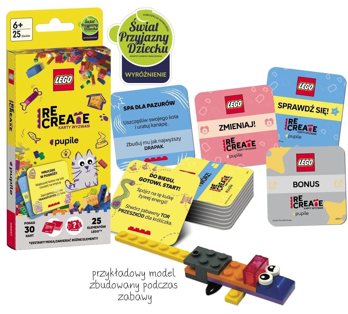 Pudełko Lego i karty z różnymi wyzwaniami. Zbudowany model Lego krokodyla na pierwszym planie.