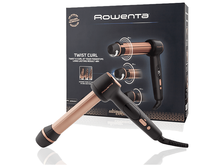REACONDICIONADO Seminuevo Muy bueno Rizador - Rowenta Twist Curl CF4620, 3 tamaños en 1, Barril ajustable forma de L, 4 temperaturas, 150°C a 210°C