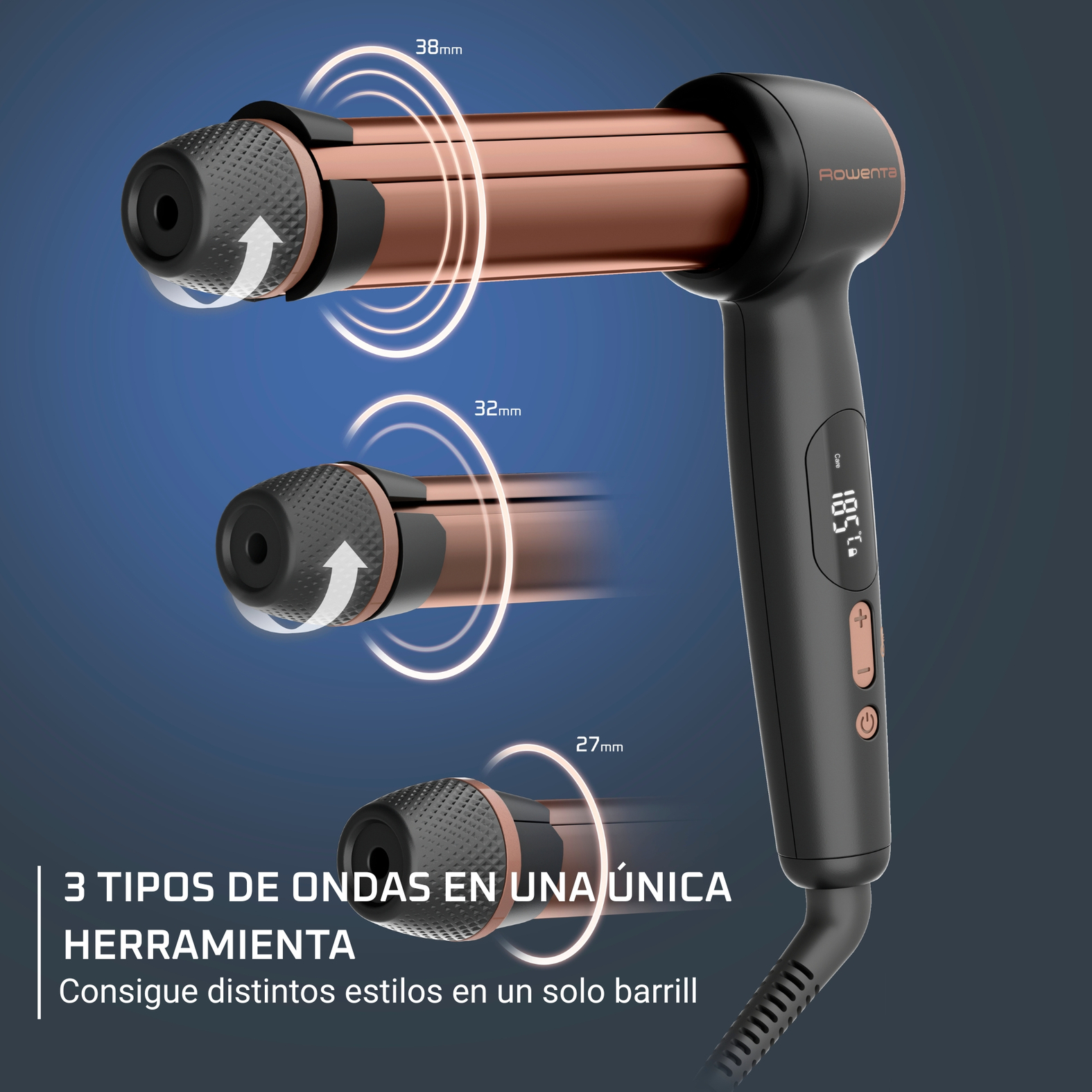 Una plancha rizadora negra y cobriza con tres tamaños de barril diferentes se muestra con un fondo azul.