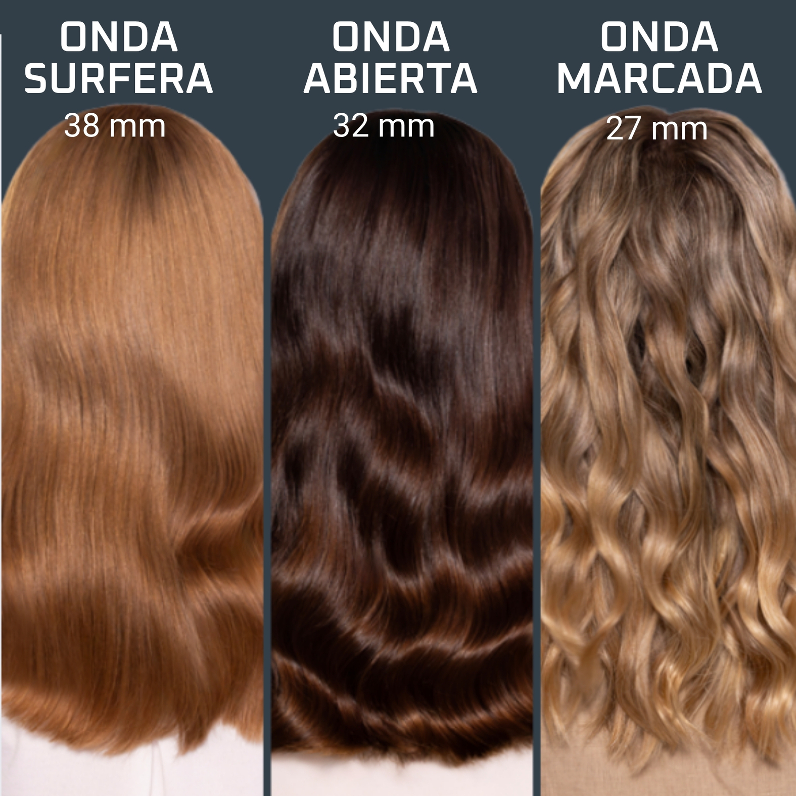 Tres estilos de cabello: castaño claro ondulado, castaño oscuro y rubio ondulado. Cada uno con nombre y medición en mm.