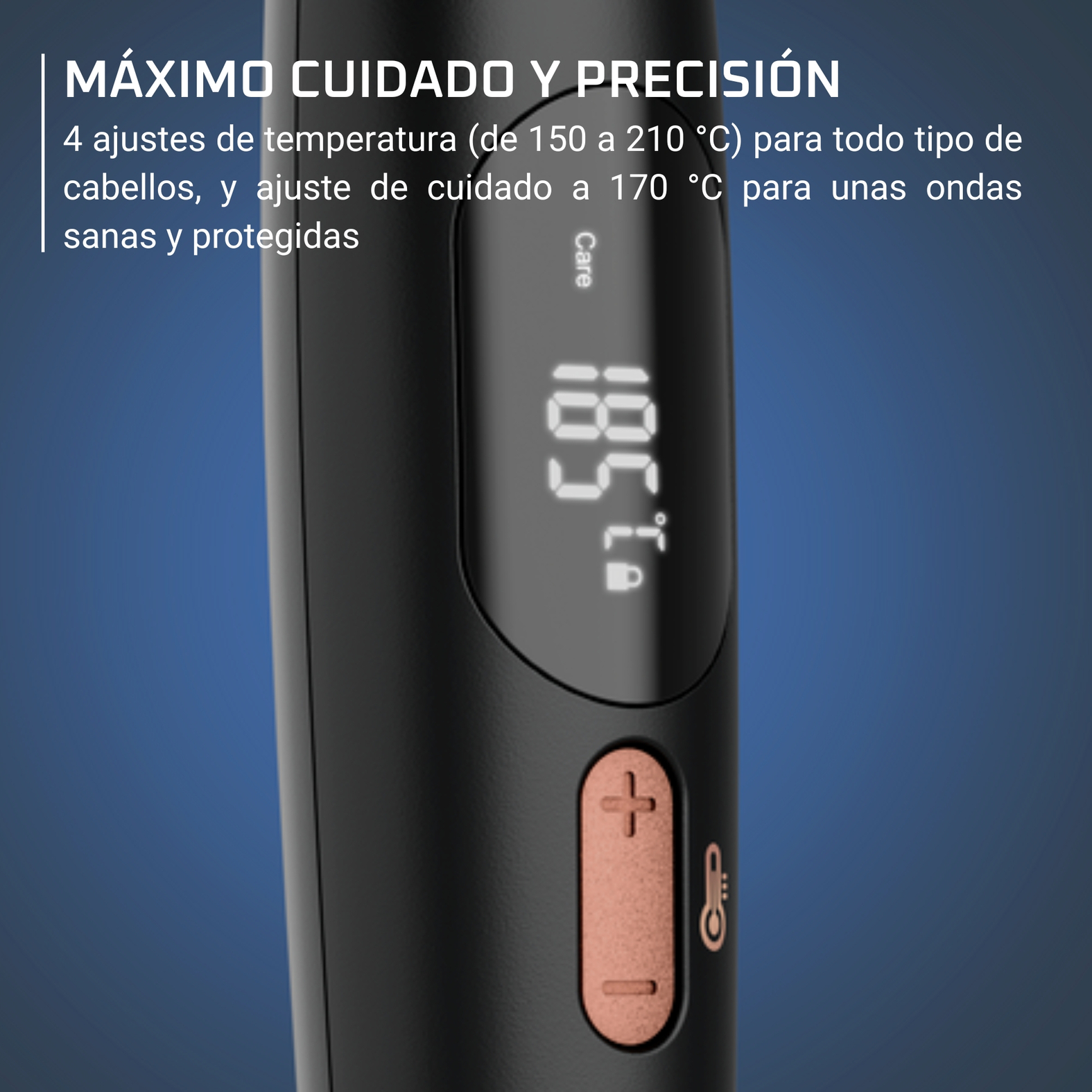Herramienta negra para peinar el cabello con pantalla digital que muestra 185°C. Botón bronce con más y menos. Fondo azul.