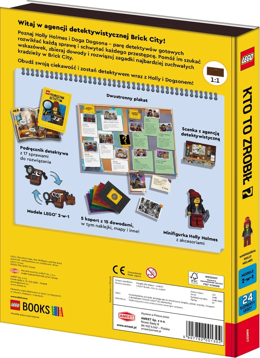 Grafika pudełka do książki detektywistycznej Lego. Zawiera Holly Holmes, detektywa, oraz tablicę z miejscem zbrodni.