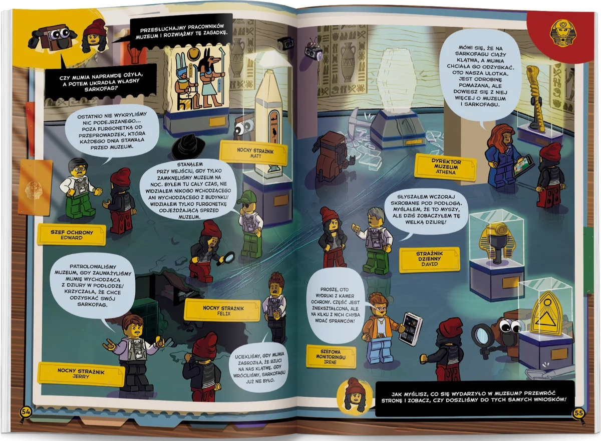 Strona komiksu z pracownikami muzeum omawiającymi zagadkę mumii i sarkofagu.