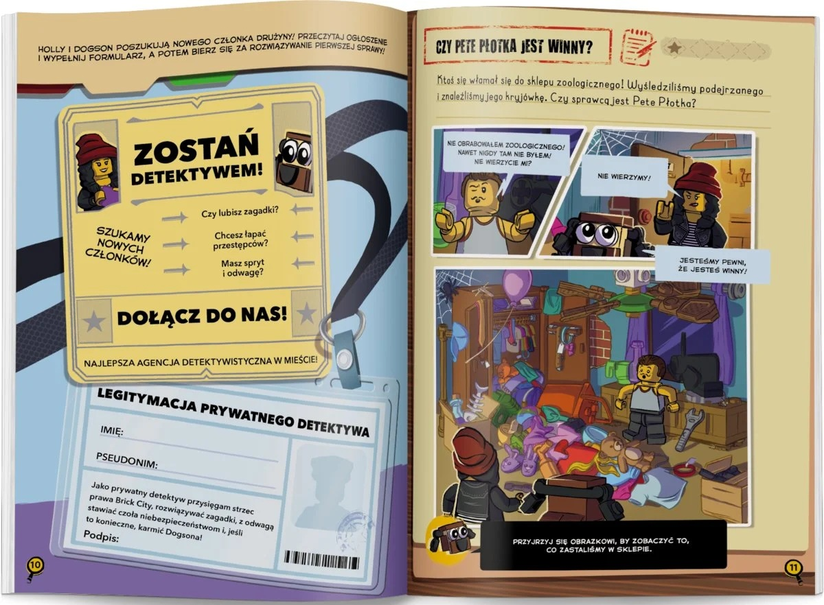 Rozkładówka komiksowa z motywem detektywistycznym. Zawiera tekst, ilustracje, kartę identyfikacyjną detektywa i instrukcje.