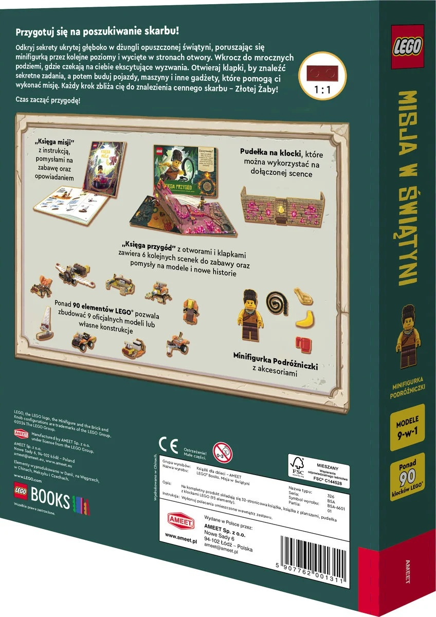 Pudełko LEGO przedstawia scenę świątyni z minifigurkami i elementami przygody.