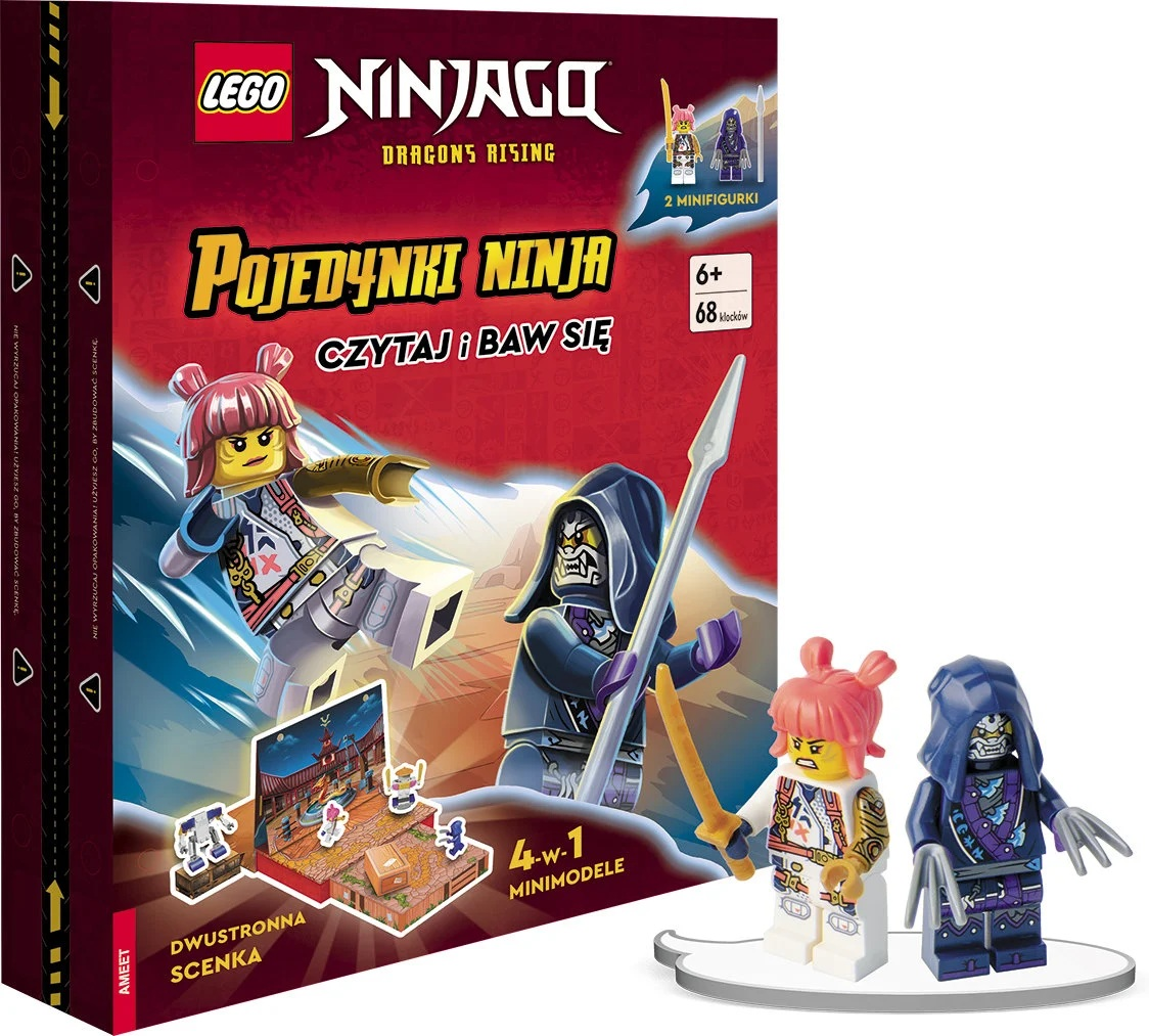 Zestaw Lego Ninjago, z dwiema minifigurkami, ilustracją sceny walki i tekstem 'Pojedynki Ninja'. Zawiera model 4 w 1.