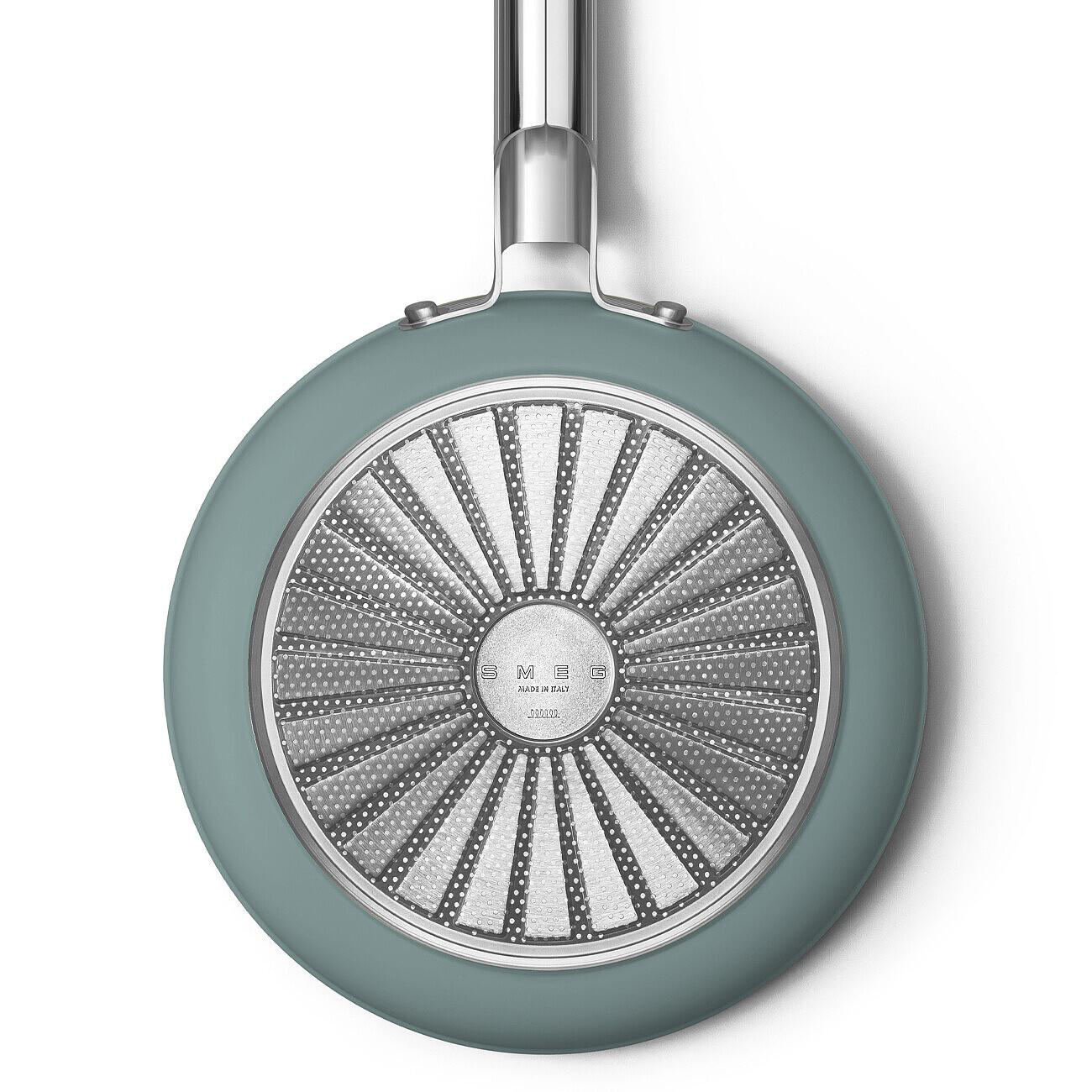 Der Boden einer teal-farbenen Bratpfanne mit silberfarbenem Griff. Der Boden hat ein kreisförmiges Design mit dem Markennamen SMEG.