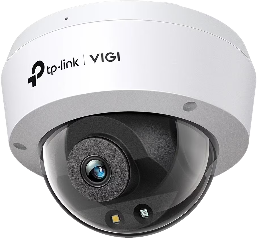 Eine weiße tp-link VIGI Überwachungskamera. Sie hat eine kuppelförmige Linse. Die Kamera ist auf einer grauen Basis montiert, auf schwarzem Hintergrund.