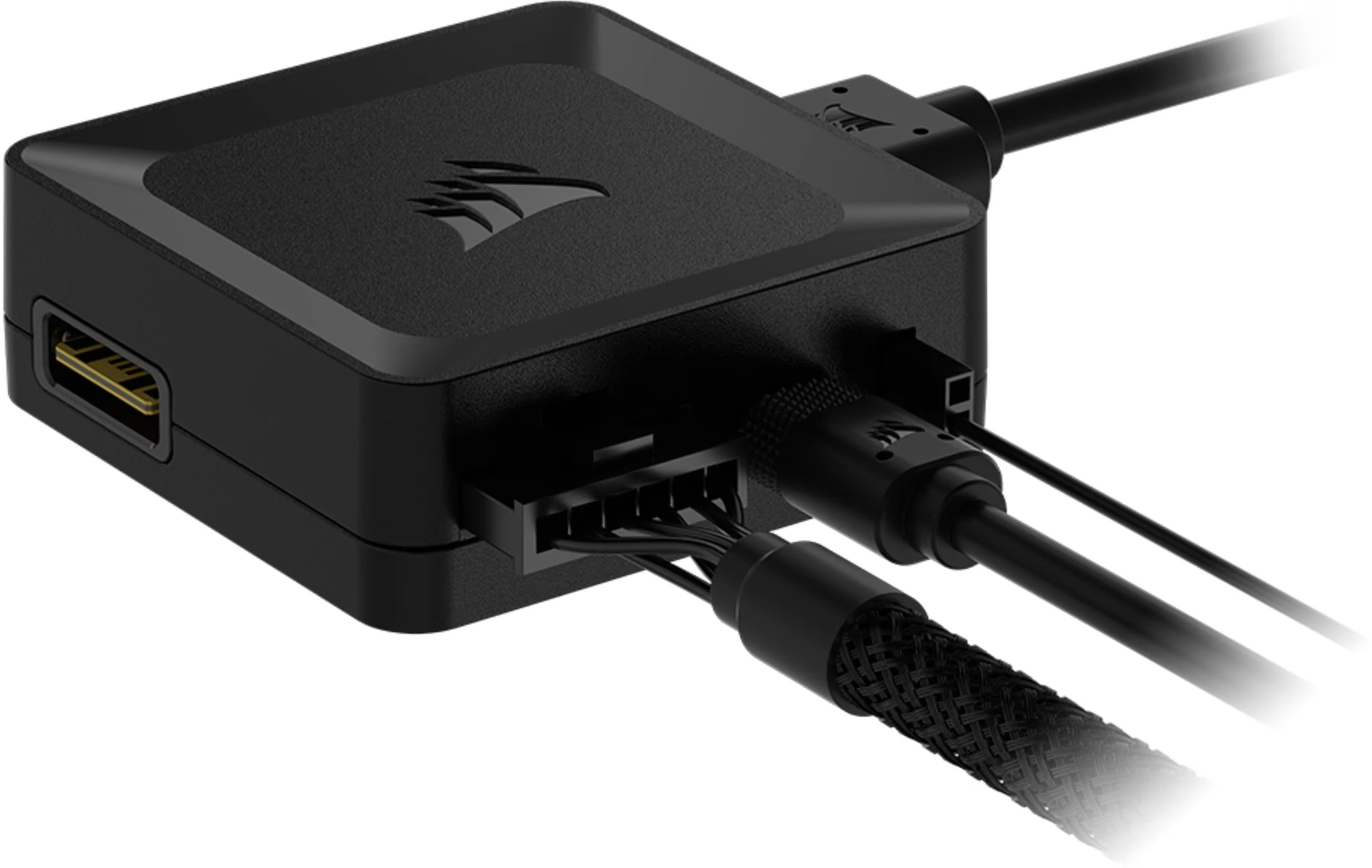 Appareil Corsair noir avec plusieurs câbles et connecteurs. Un port USB doré est visible.