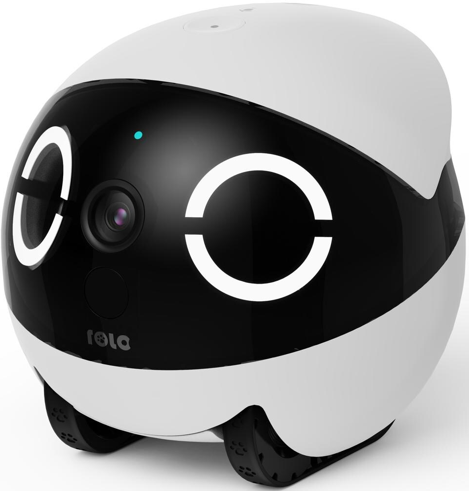 Ein weiß-schwarzer Roboter mit zwei C-förmigen Lichtern als Augen, Kamera in der Mitte und Rädern darunter. Der Roboter steht auf weißem Untergrund.