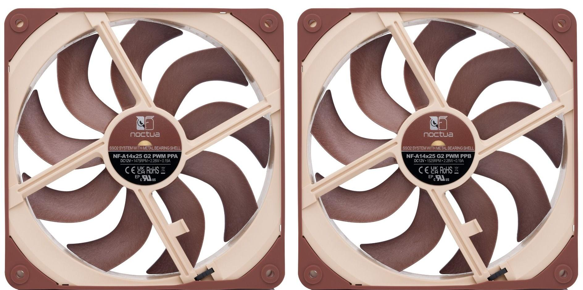 Sono mostrate due ventole per computer. Ogni ventola è marrone e beige, con pale e un'etichetta centrale. Marchio Noctua.