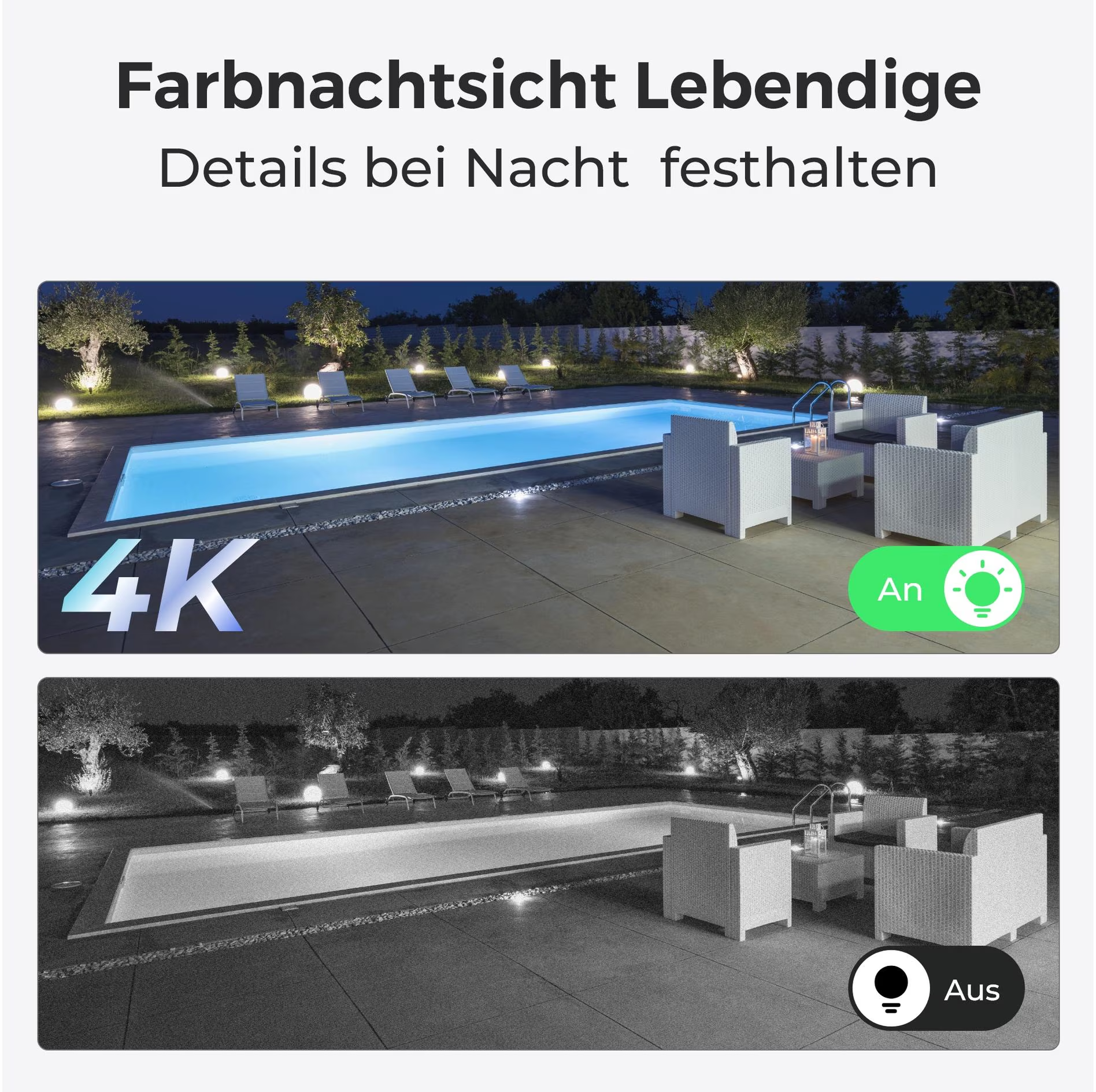 Nachtszenen mit Pool, Liegestühlen und beleuchteter Sitzecke. Das Bild hat ein 4k-Logo.