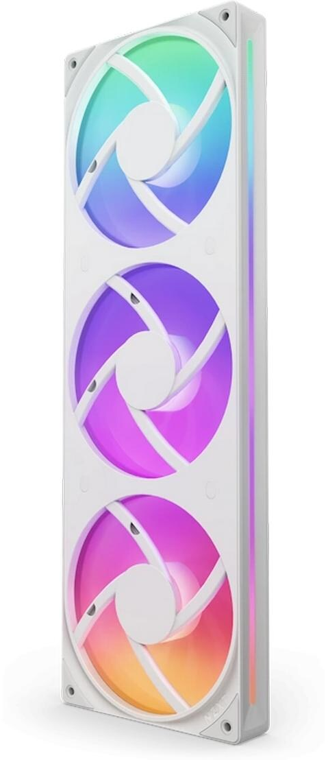 Ventole di raffreddamento per computer bianche. Ogni ventola mostra colori diversi, tra cui verde, viola e rosso. Il telaio è bianco.