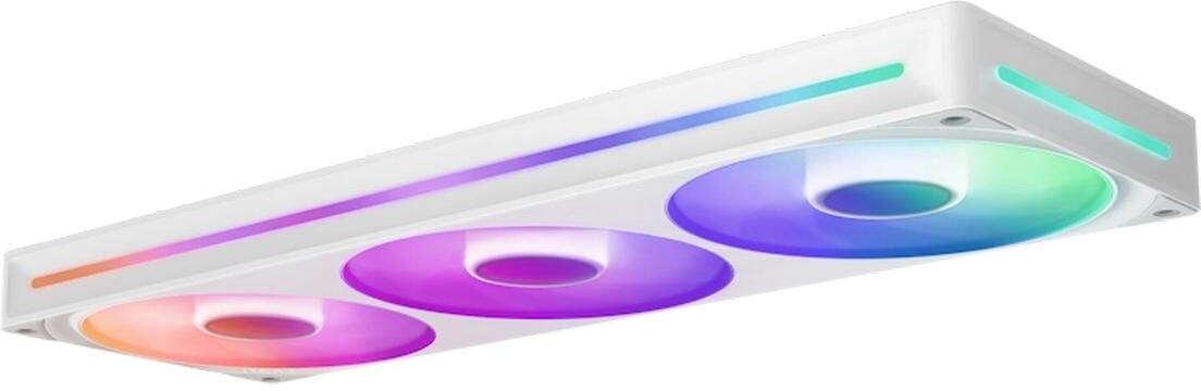Una ventola per computer bianca con tre luci circolari che cambiano colore. Le luci sono rosse, viola e blu.