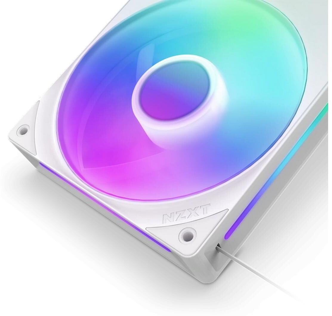 Ventola per computer bianca con luce colorata. La ventola ha un mozzo centrale e pale circostanti. Il logo NZXT è visibile.