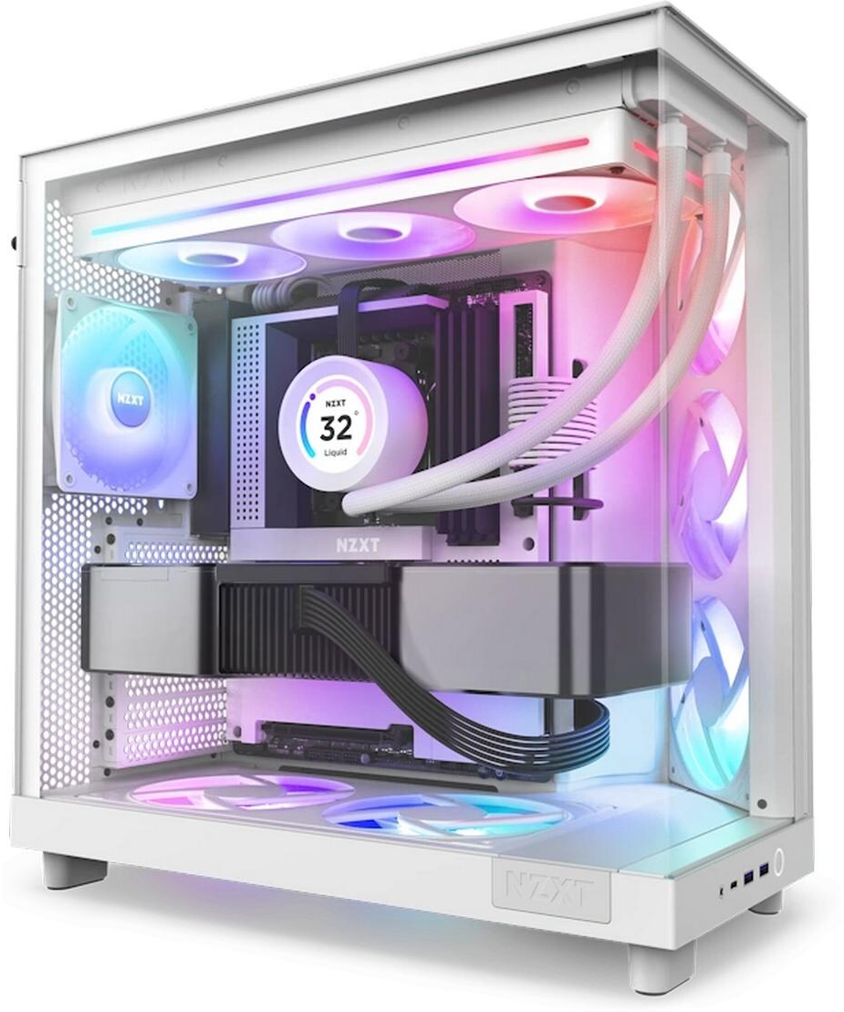 Case PC bianco con componenti interni illuminati da RGB. Ventole e raffreddamento a liquido visibili. Marchio NZXT.