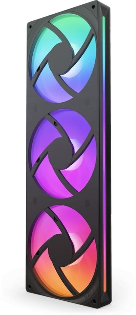 Ventola per computer verticale con tre ventole illuminate. I colori variano tra blu, viola e rosso. Cornice nera.