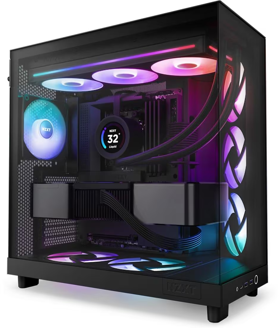 Un case di computer con diverse ventole e componenti interni è illuminato con luci colorate. Il logo NZXT è visibile.