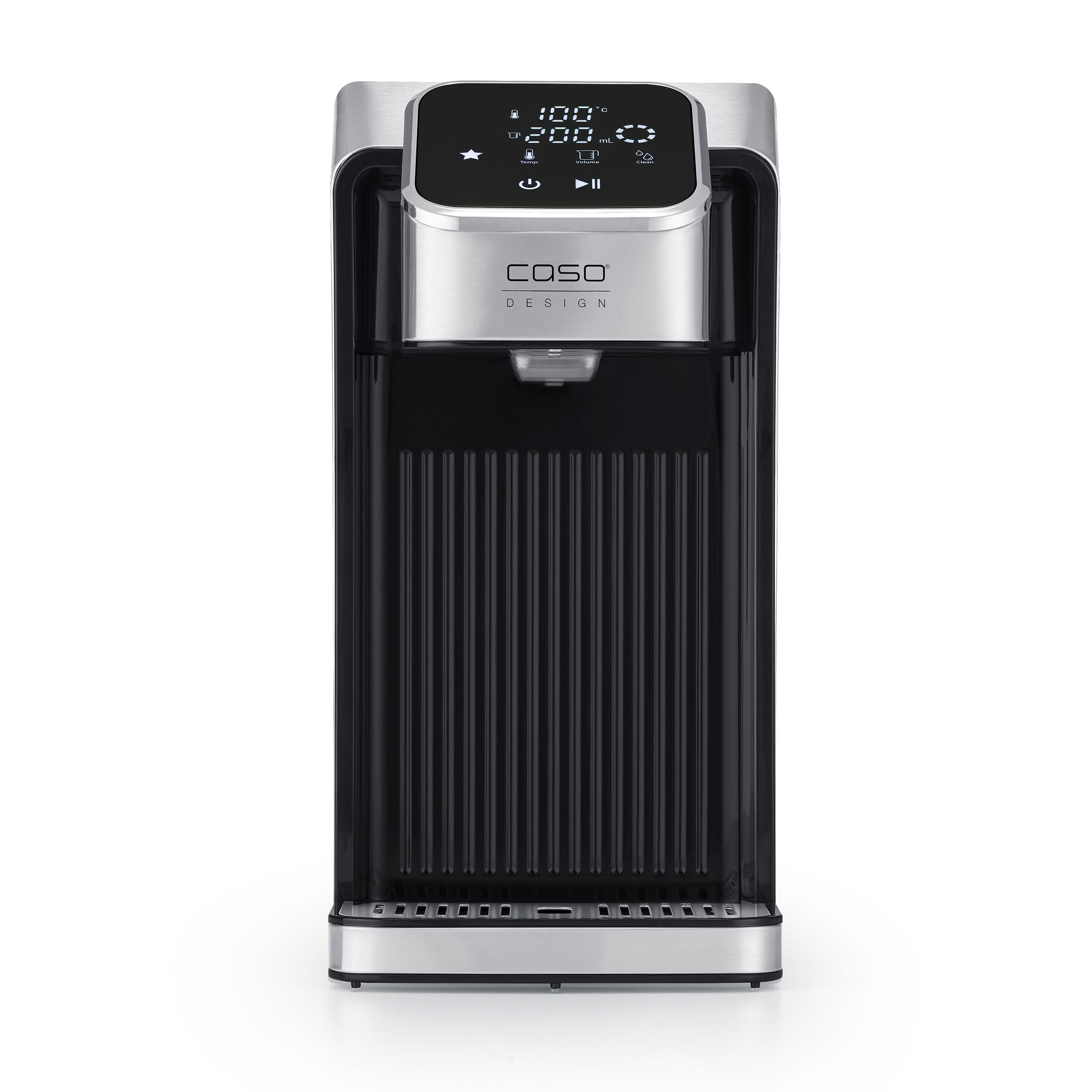 Ein schwarz-silberner Wasserkocher. Er hat eine digitale Anzeige und den Markennamen 'COSO DESIGN'.