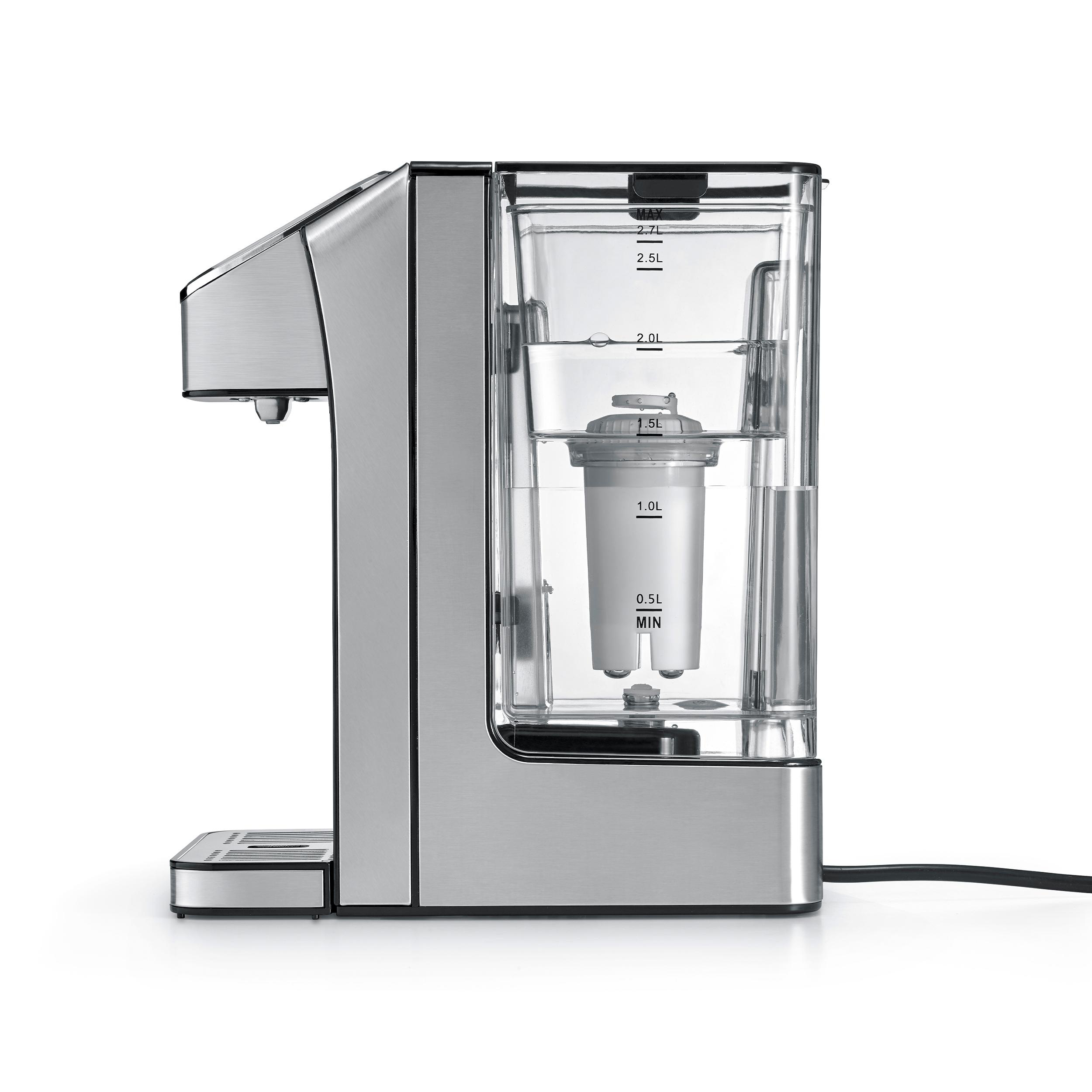 Eine Wasserfiltermaschine aus Edelstahl mit einem transparenten Wassertank und einem schwarzen Netzkabel.