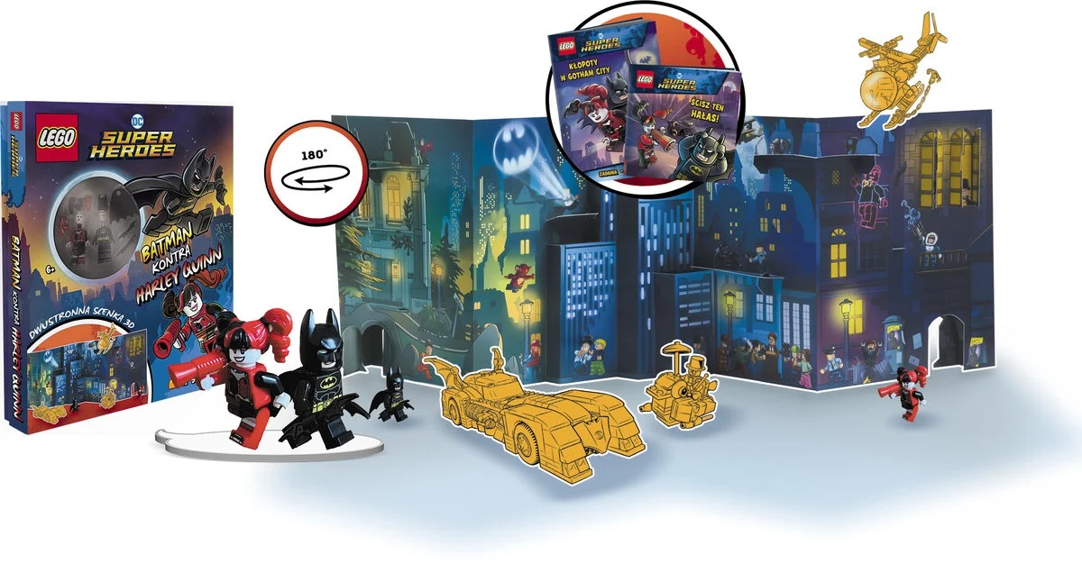 Zestaw Lego przedstawiający Batmana kontra Harley Quinn w Gotham City. Zawiera figurki, Batmobil i tło miasta.