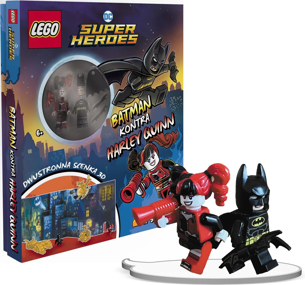Zestaw Lego: Batman kontra Harley Quinn. Zawiera figurki Lego Batmana i Harley Quinn oraz pudełko z grafiką postaci.