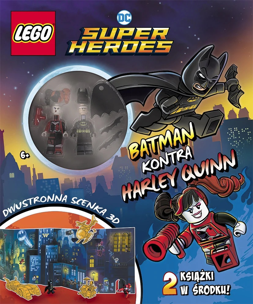 Zestaw Lego Super Heroes Batman vs. Harley Quinn. Zawiera figurki, krajobraz miejski i książkę. Batman i Harley Quinn są obecni.