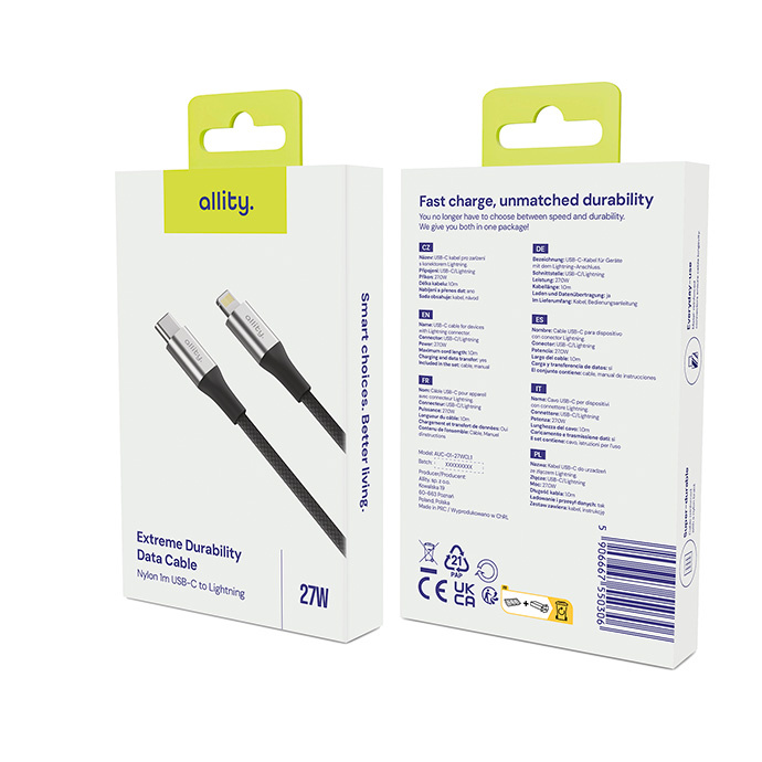 Fehér doboz USB-C - Lightning kábellel. Szöveg: Extreme Durability Data Cable 27W.