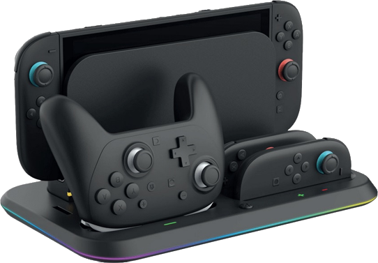 Eine schwarze Nintendo Switch-Dockingstation mit Controllern und einem Pro-Controller. Die Dockingstation hat ein Regenbogenlicht.